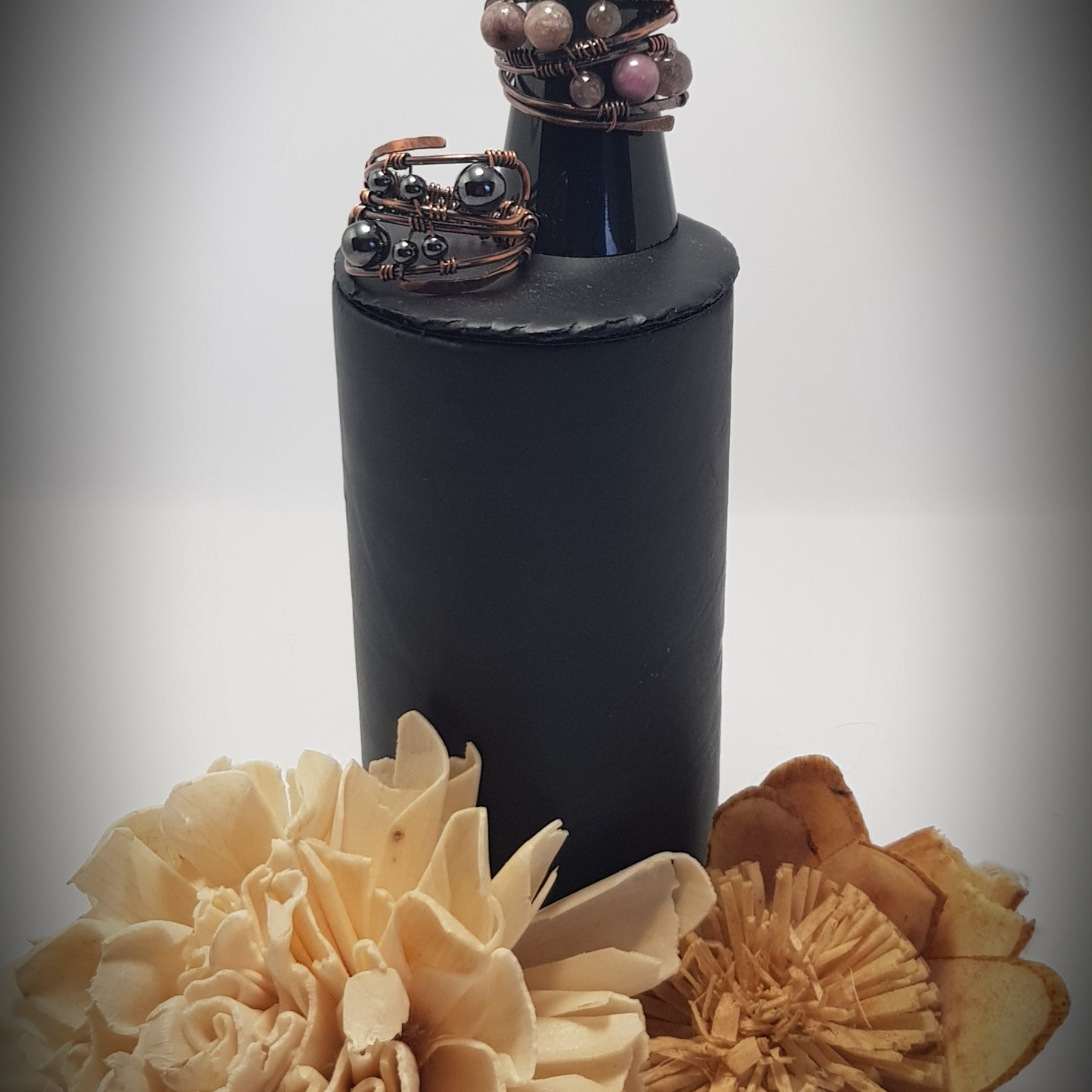 Amethyst and Hematite beaded copper rings #699AM/R + #700AM/R