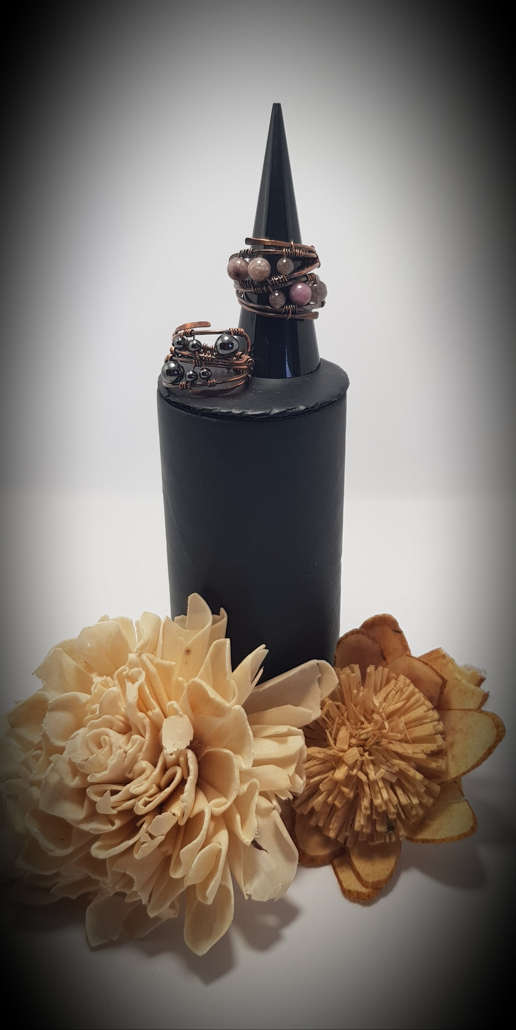 Amethyst and Hematite beaded copper rings #699AM/R + #700AM/R
