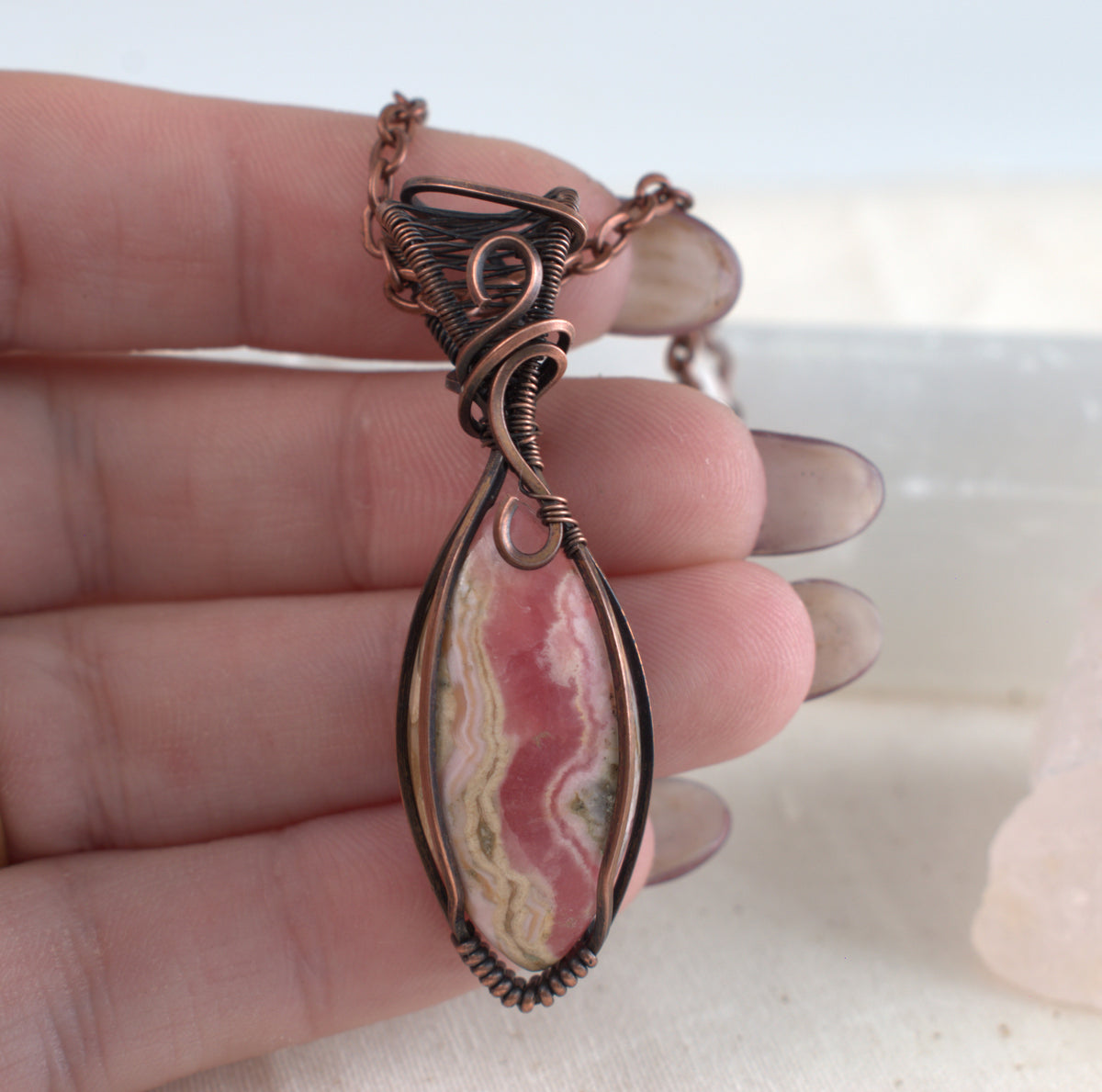 Rose Canyon – Rhodochrosite Oxidised Copper Pendant