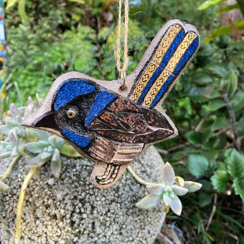 Blue Wren Hanging Ornament - Upcycled Mosaic