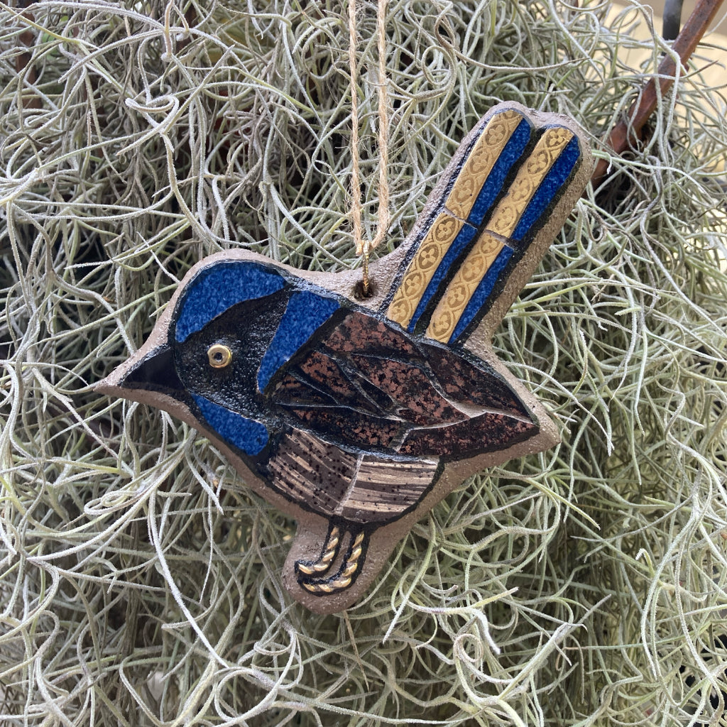 Blue Wren Hanging Ornament - Upcycled Mosaic