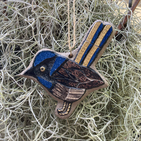 Blue Wren Hanging Ornament - Upcycled Mosaic