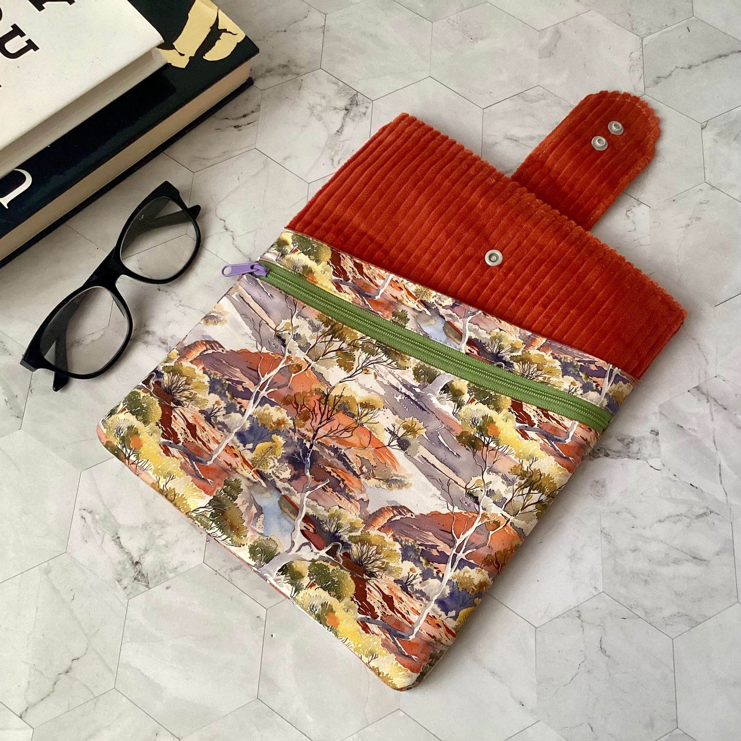 Australian Outback Scene fabric book sleeve with 2 pockets. iPad, tablet pouch