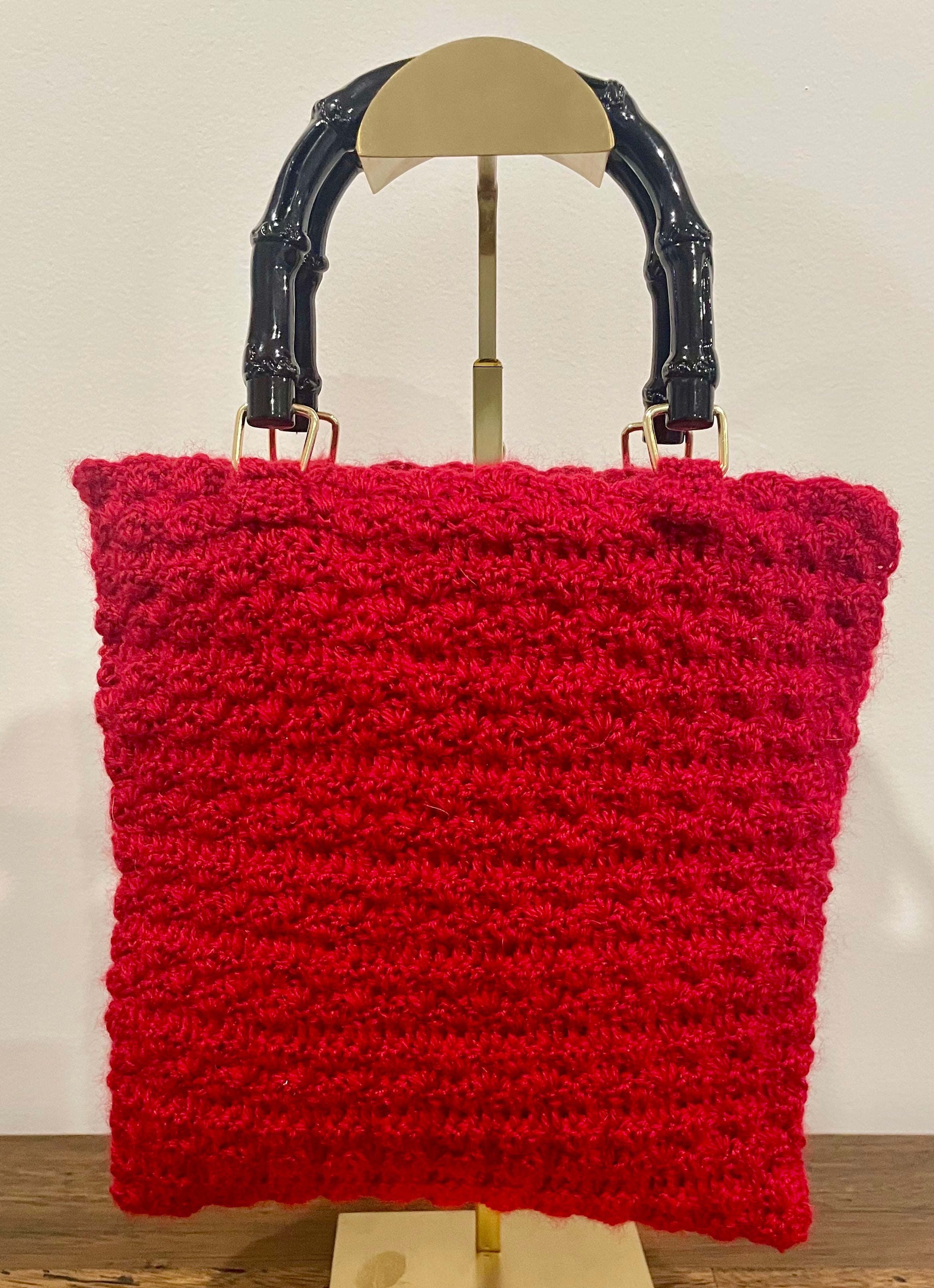 Red Crochet Handbag, 1950s Pattern, Bamboo Handles