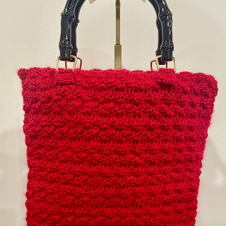 Red Crochet Handbag, 1950s Pattern, Bamboo Handles