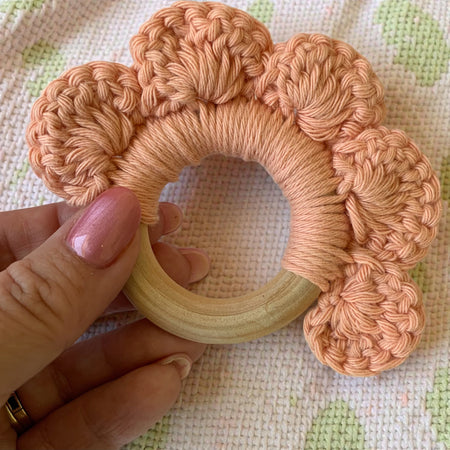 Crochet Wooden Teething Ring – Handmade Baby Teether – Natural Wood & Soft Yarn – Baby Shower Gift