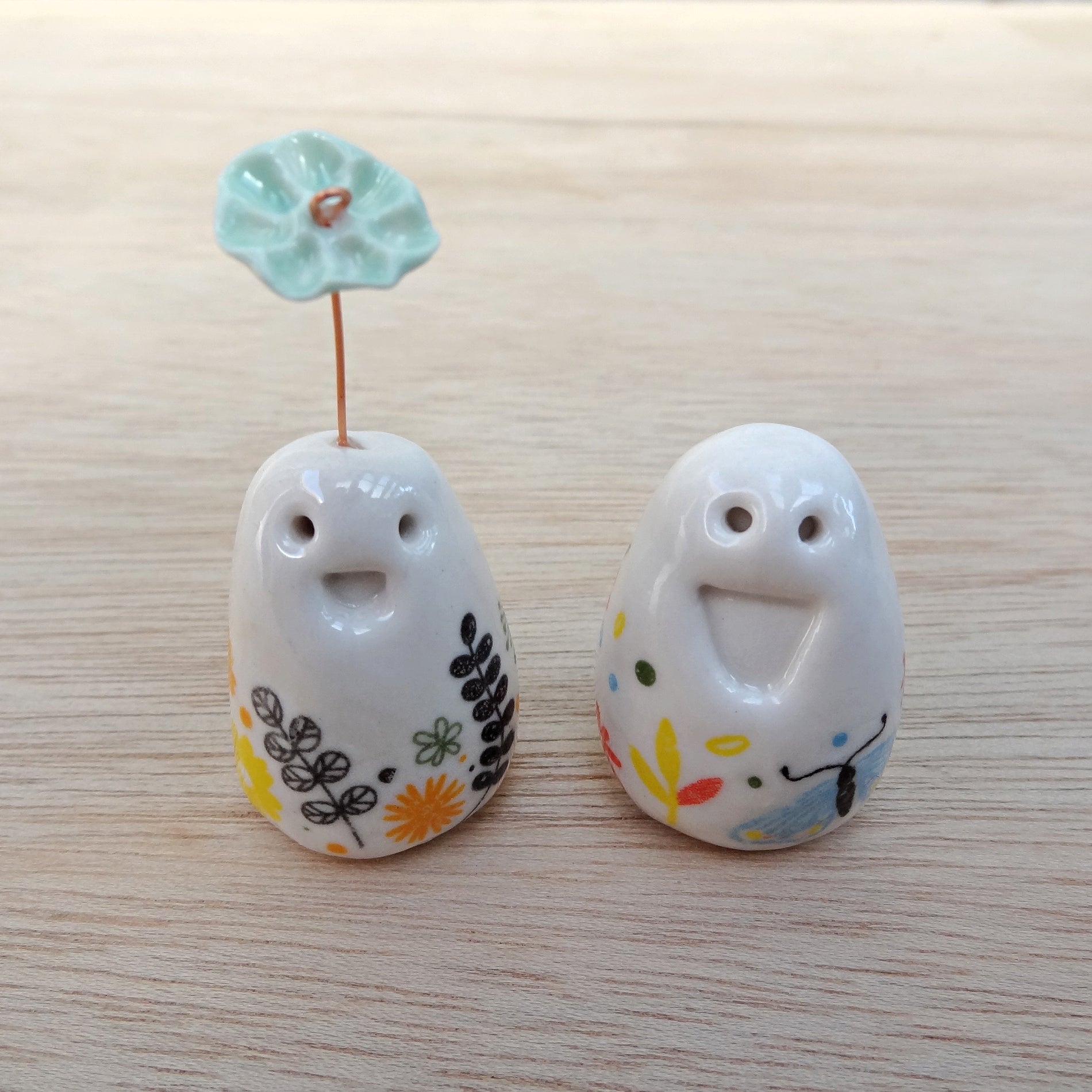 Set of 2 miniature ceramic pebble pets. Collectable tiny ceramic pottery stone friends. Handmade Whimsical Shelf or desk decor