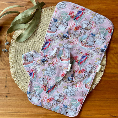 Baby Bib and Burp Cloth Set - May Gibbs Pink Gumnut Baby Adventures