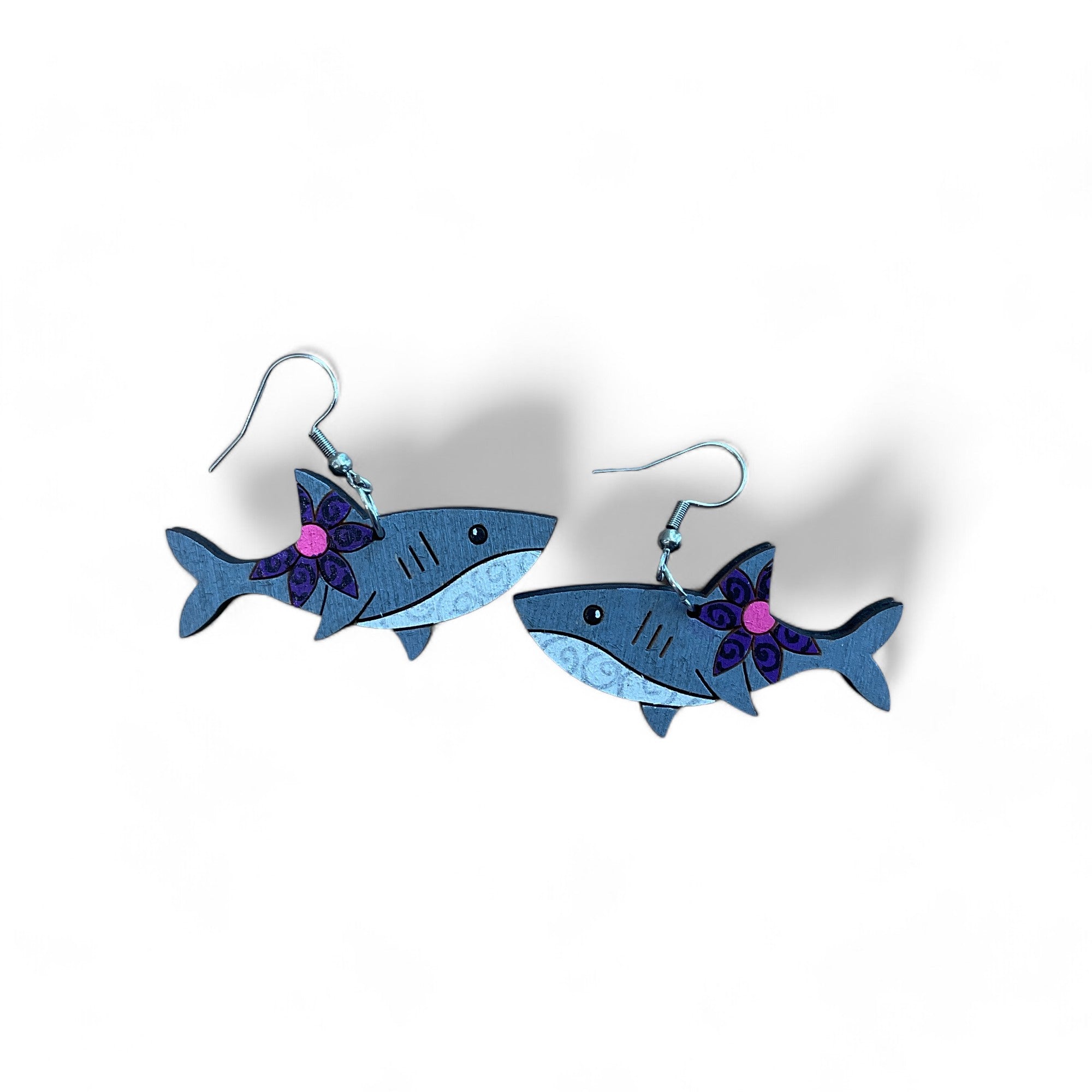 Wooden Hand-Painted Wooden Shark Earrings - hand painted