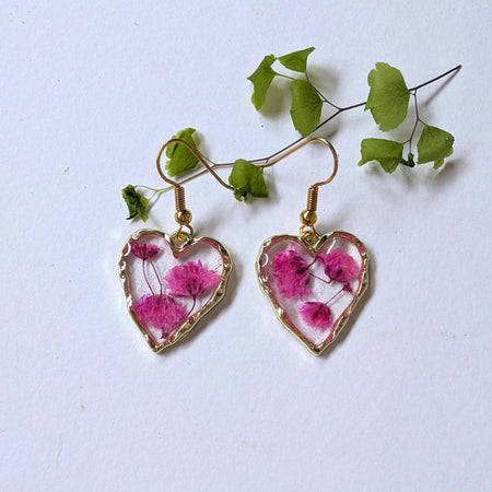 Dyed Gypsophila Resin Heart Drop Earrings