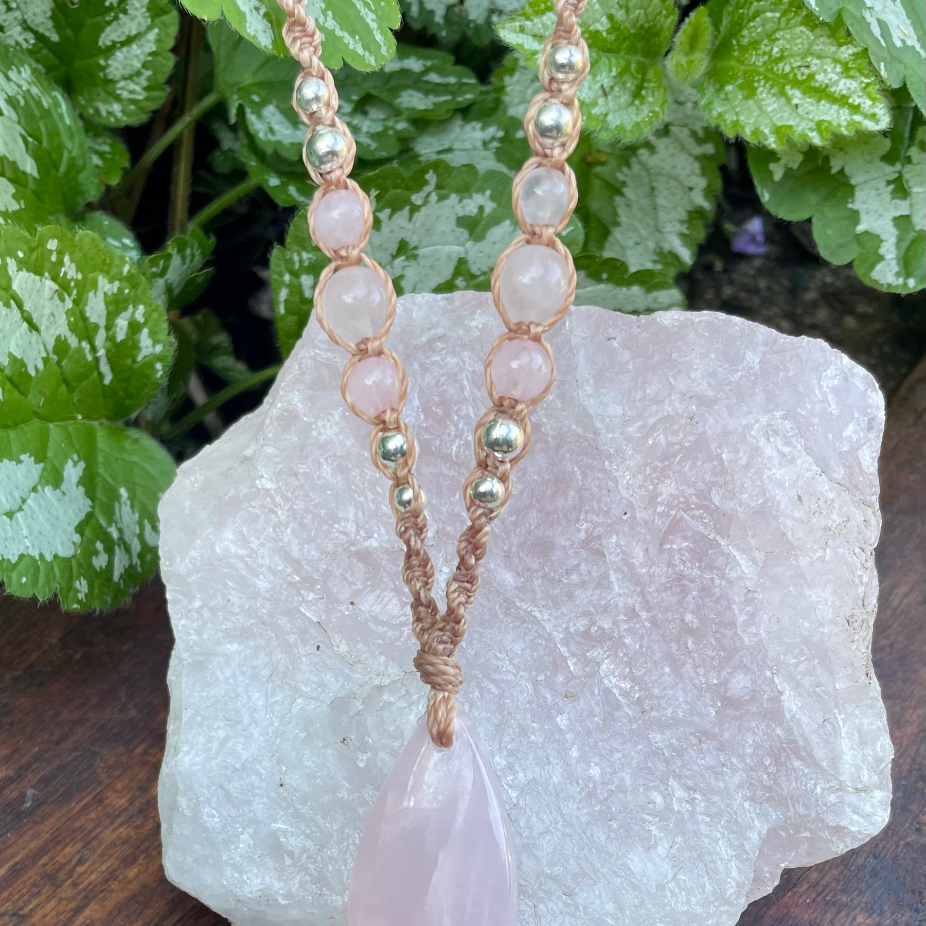 Rose Quartz Pendant, macrame necklace boho