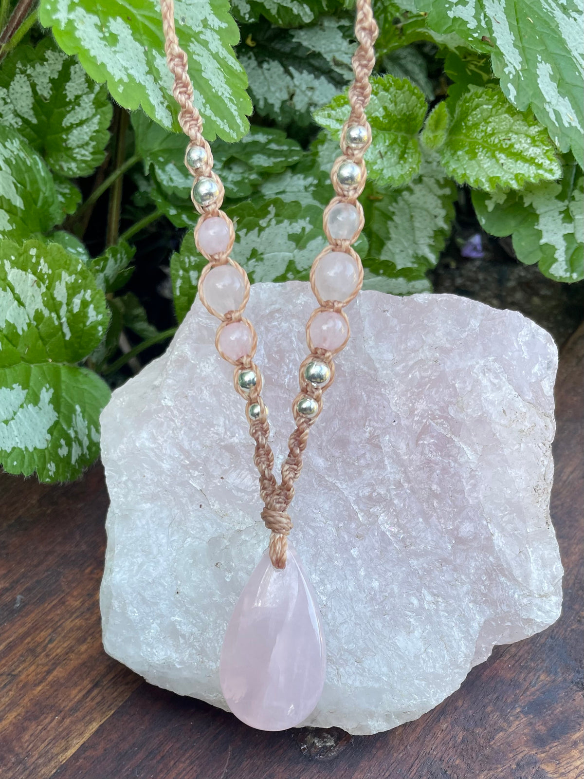Rose Quartz Pendant, macrame necklace boho