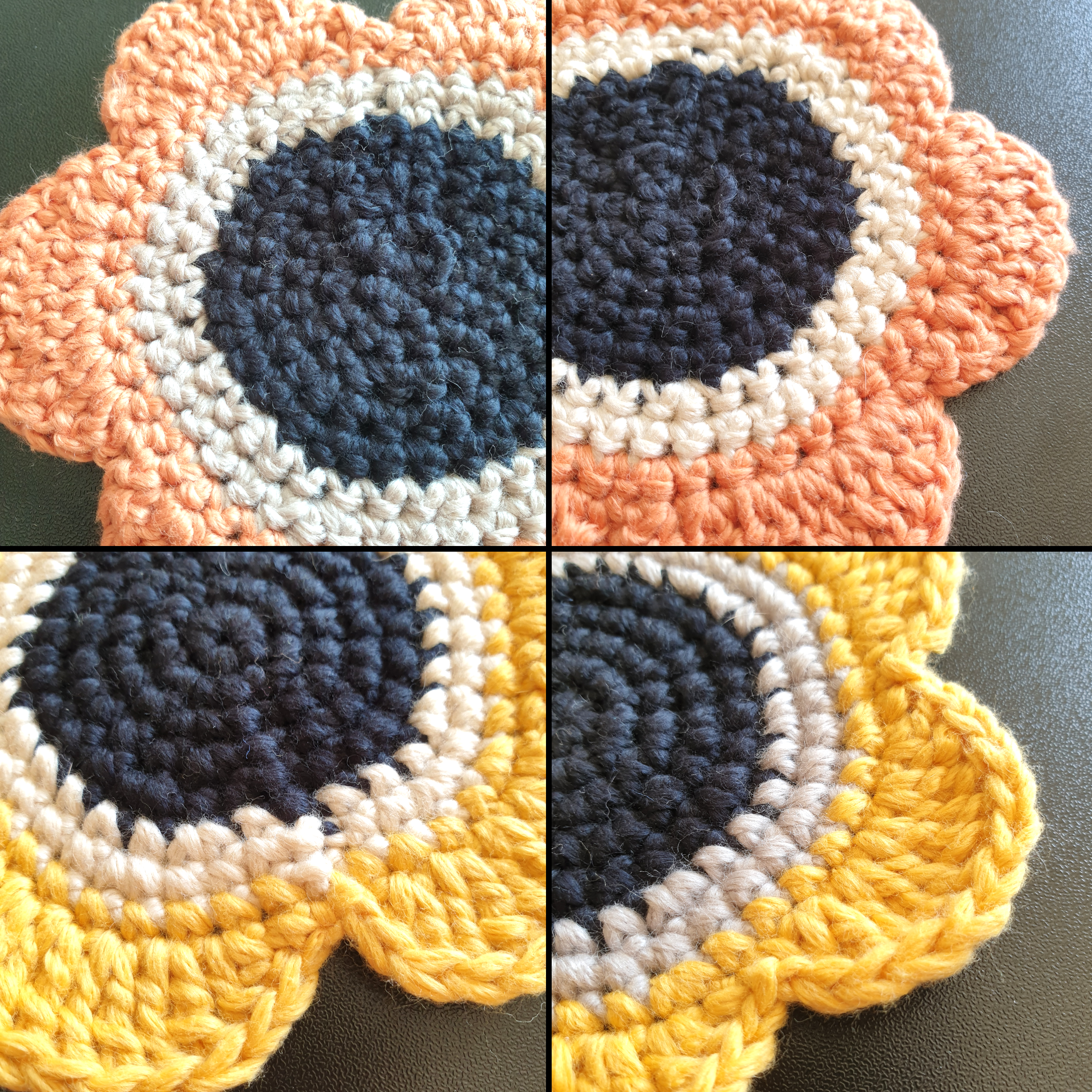 Hand knitted Daisy Flower Soft Coaster : Green Yellow Orange