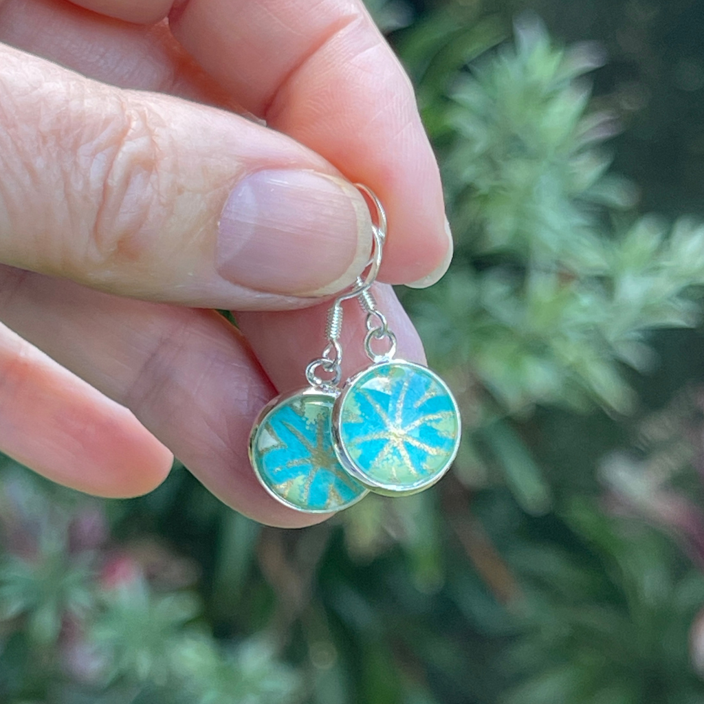 Handmade Turquoise and Gold Starburst Drop Earrings • Made with Japanese Papers