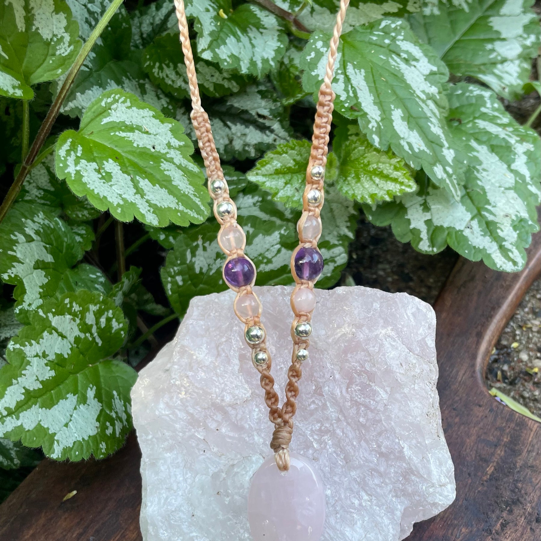 Rose Quartz Pendant, Oval, beaded necklace macrame adjustable