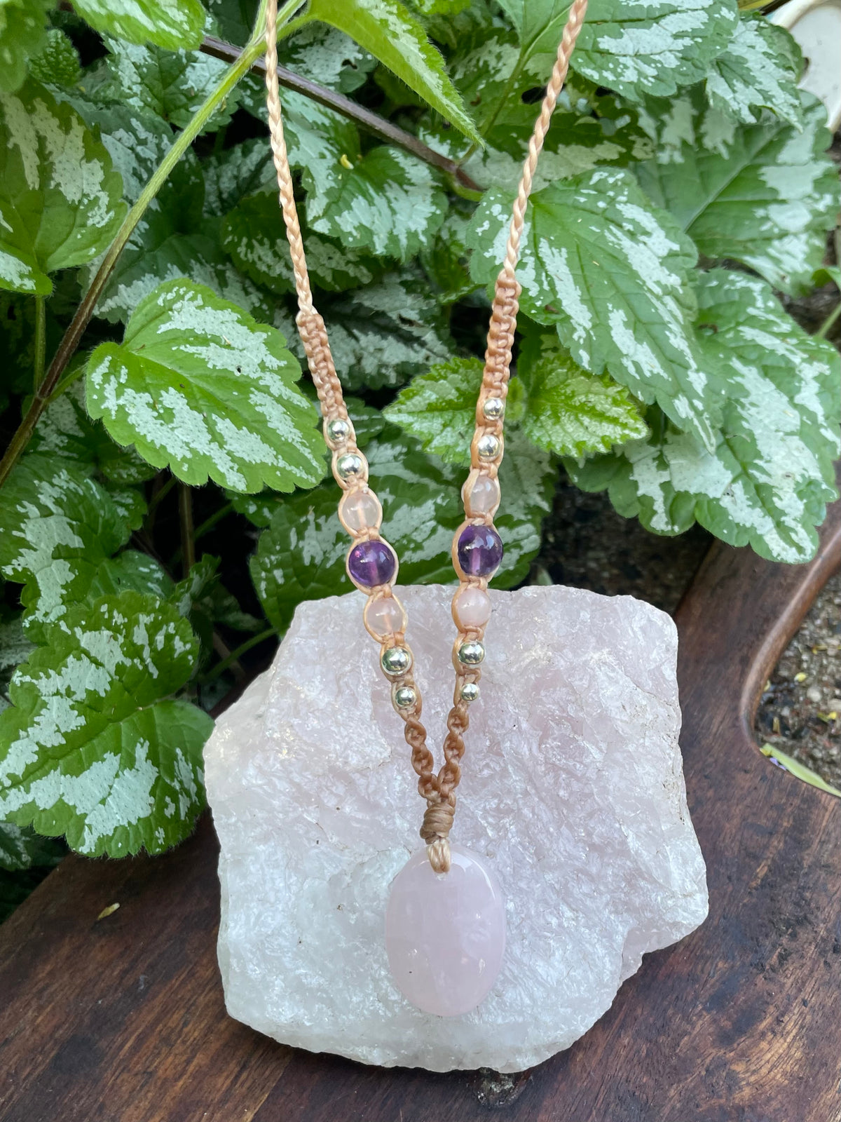 Rose Quartz Pendant, Oval, beaded necklace macrame adjustable