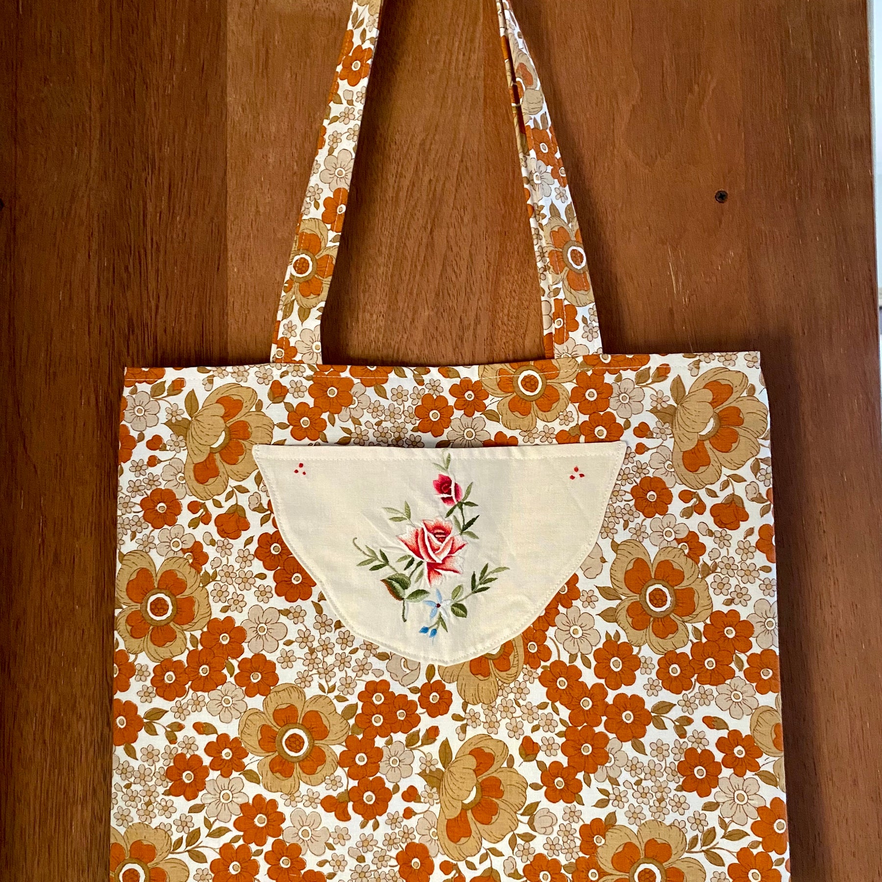 Vintage Doily Tote Bag - Embroidered Doily Pocket - Brown