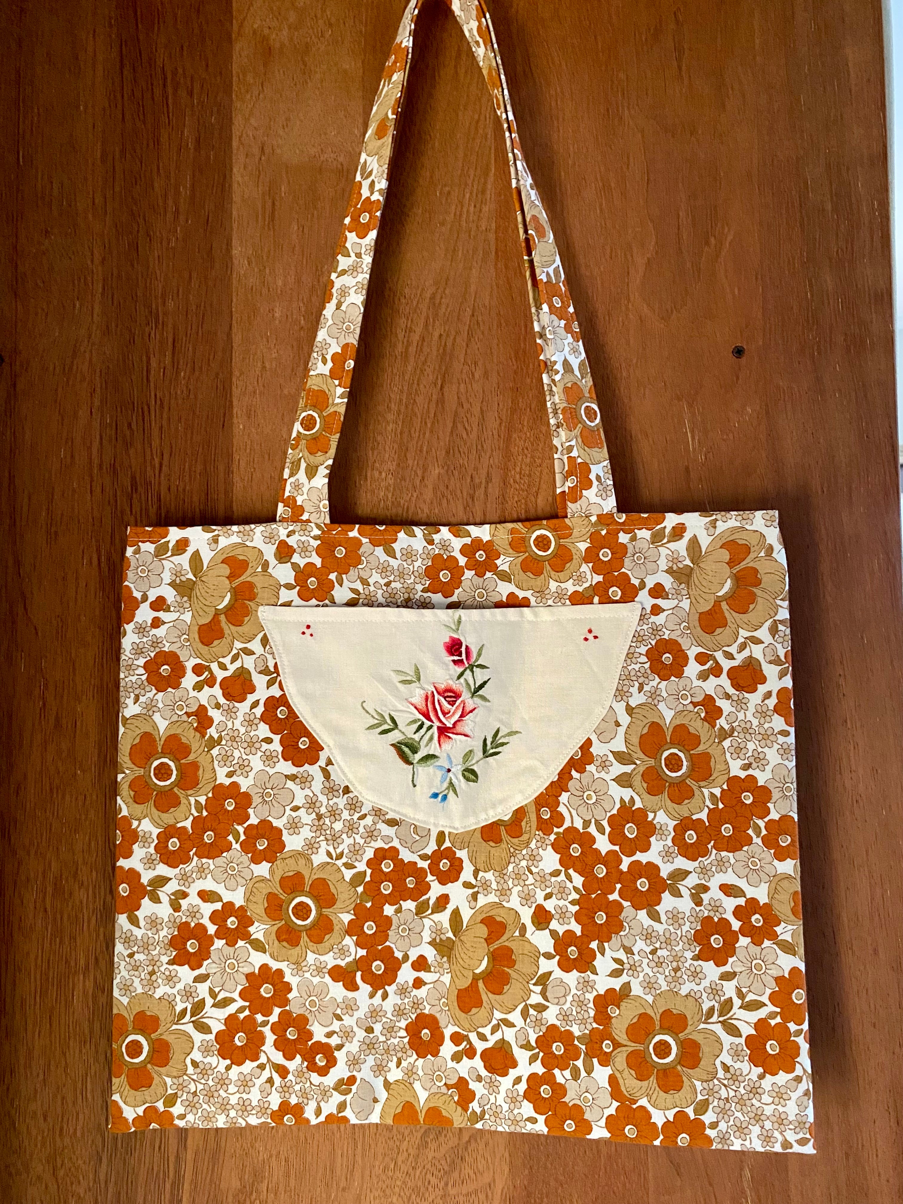 Vintage Doily Tote Bag - Embroidered Doily Pocket - Brown