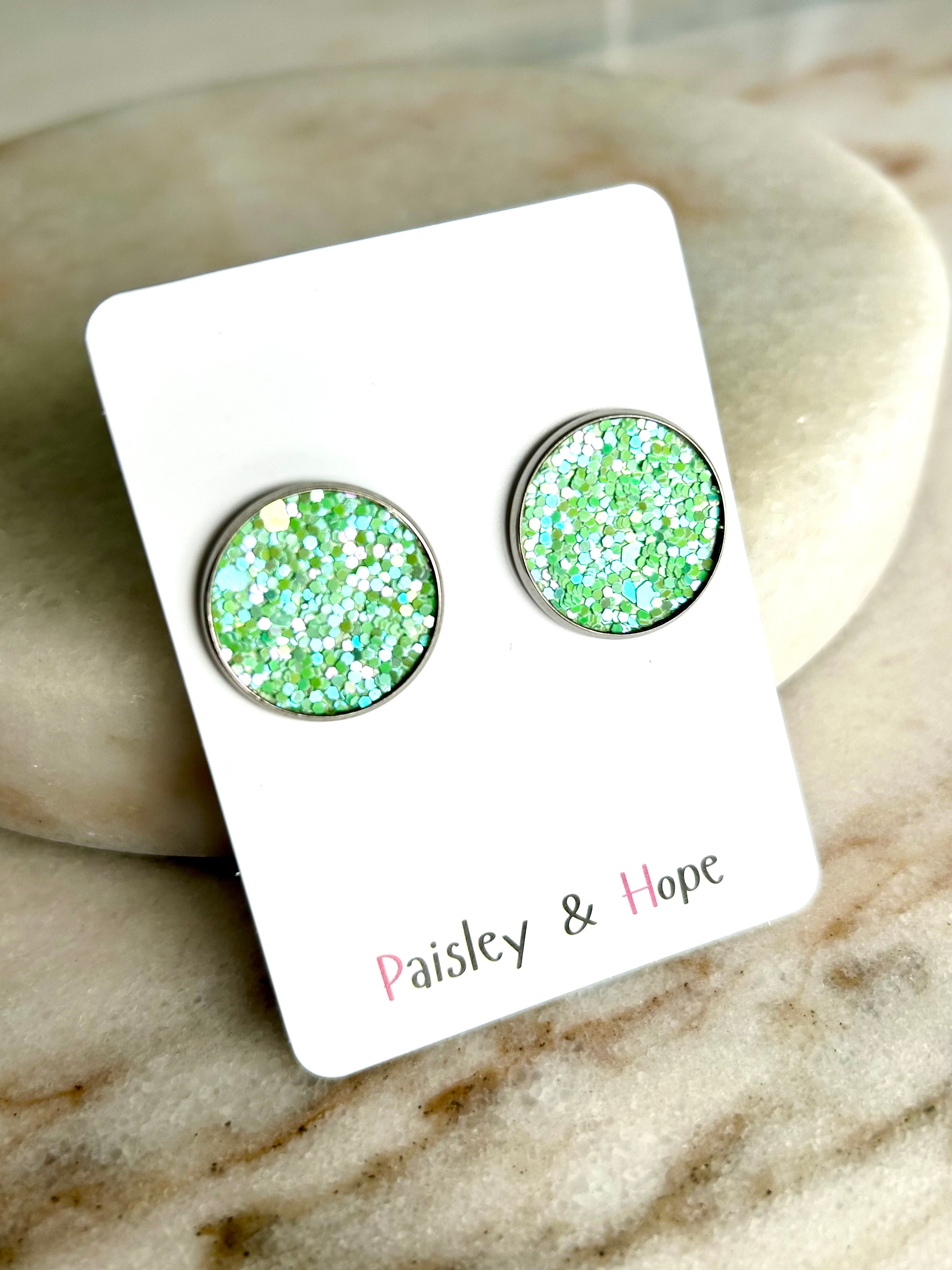 Sequin Faux Leather Bezel Style Studs - Choose size & colour