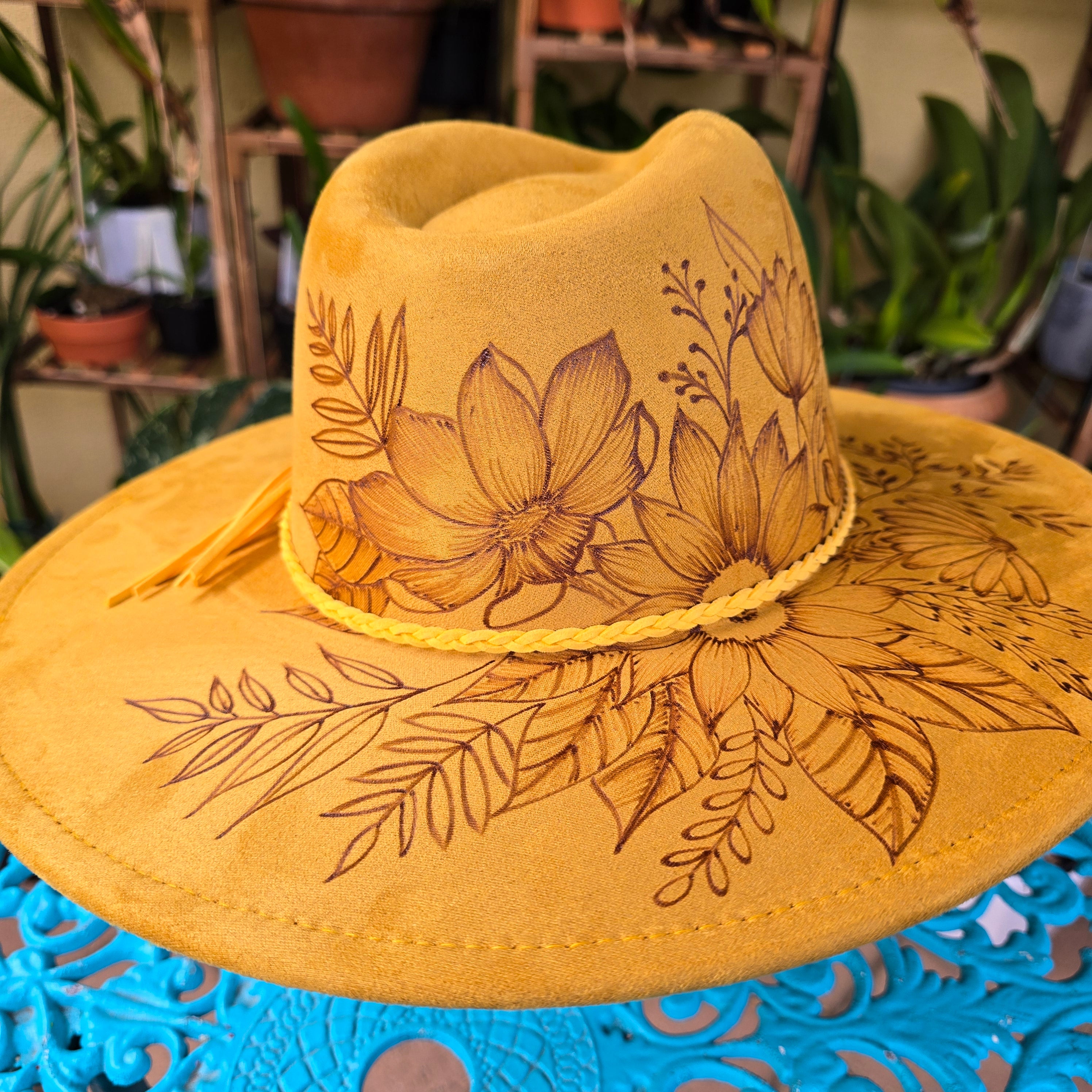 Hand burnt fedora hat - mustard yellow floral design