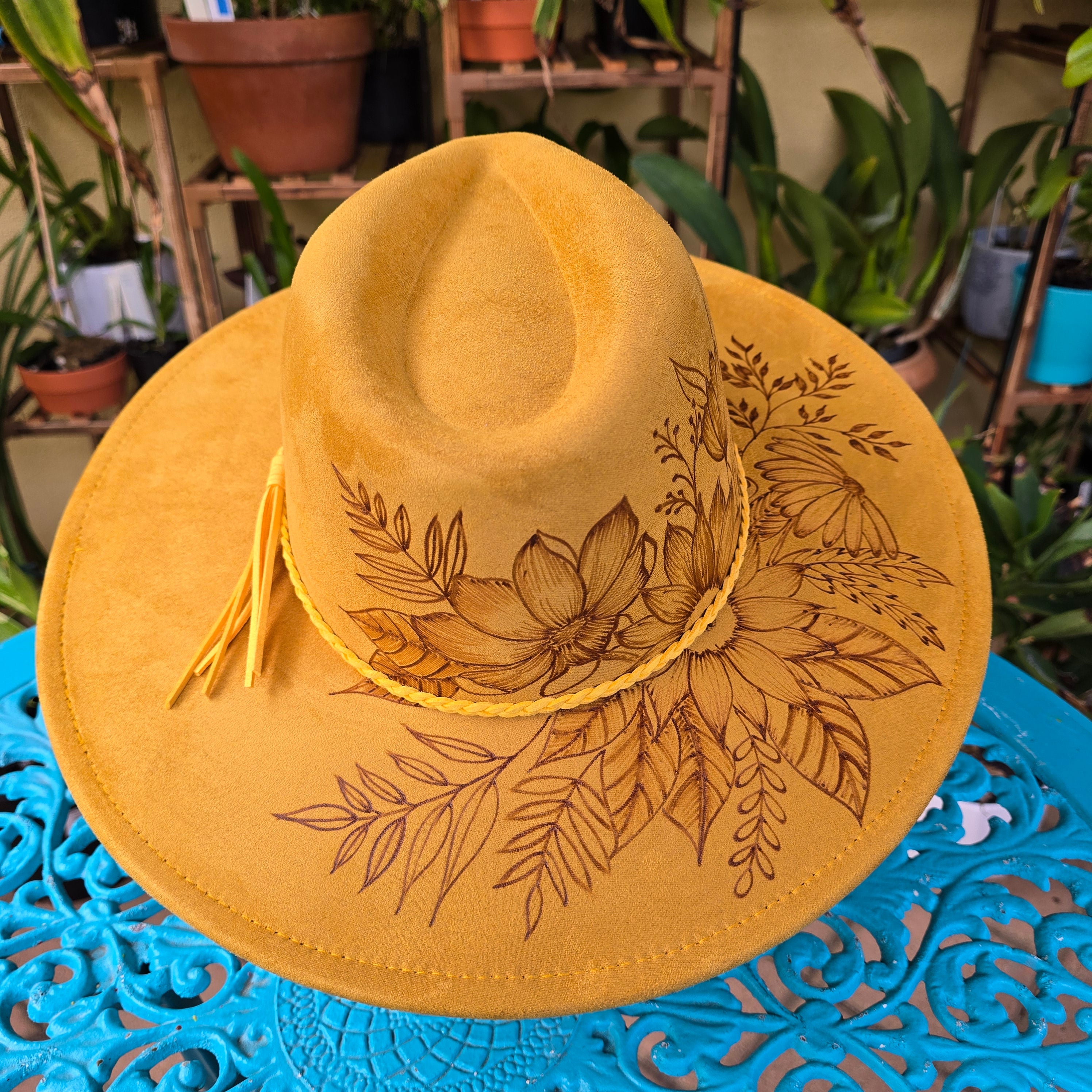 Hand burnt fedora hat - mustard yellow floral design