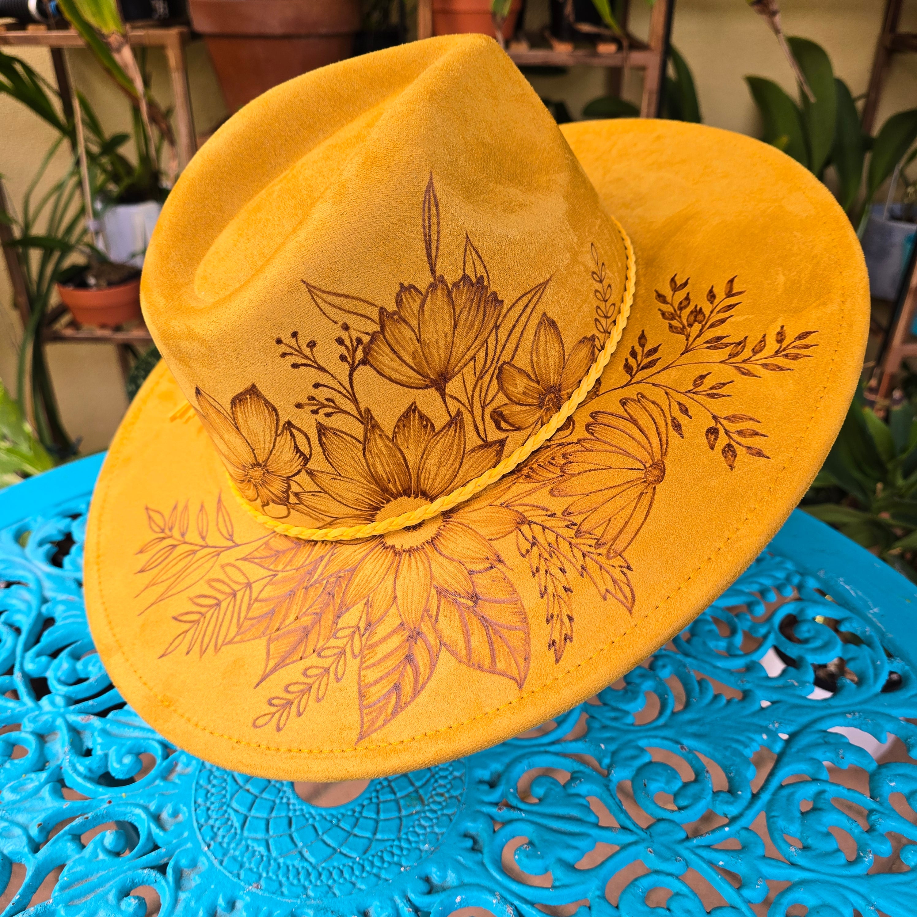 Hand burnt fedora hat - mustard yellow floral design