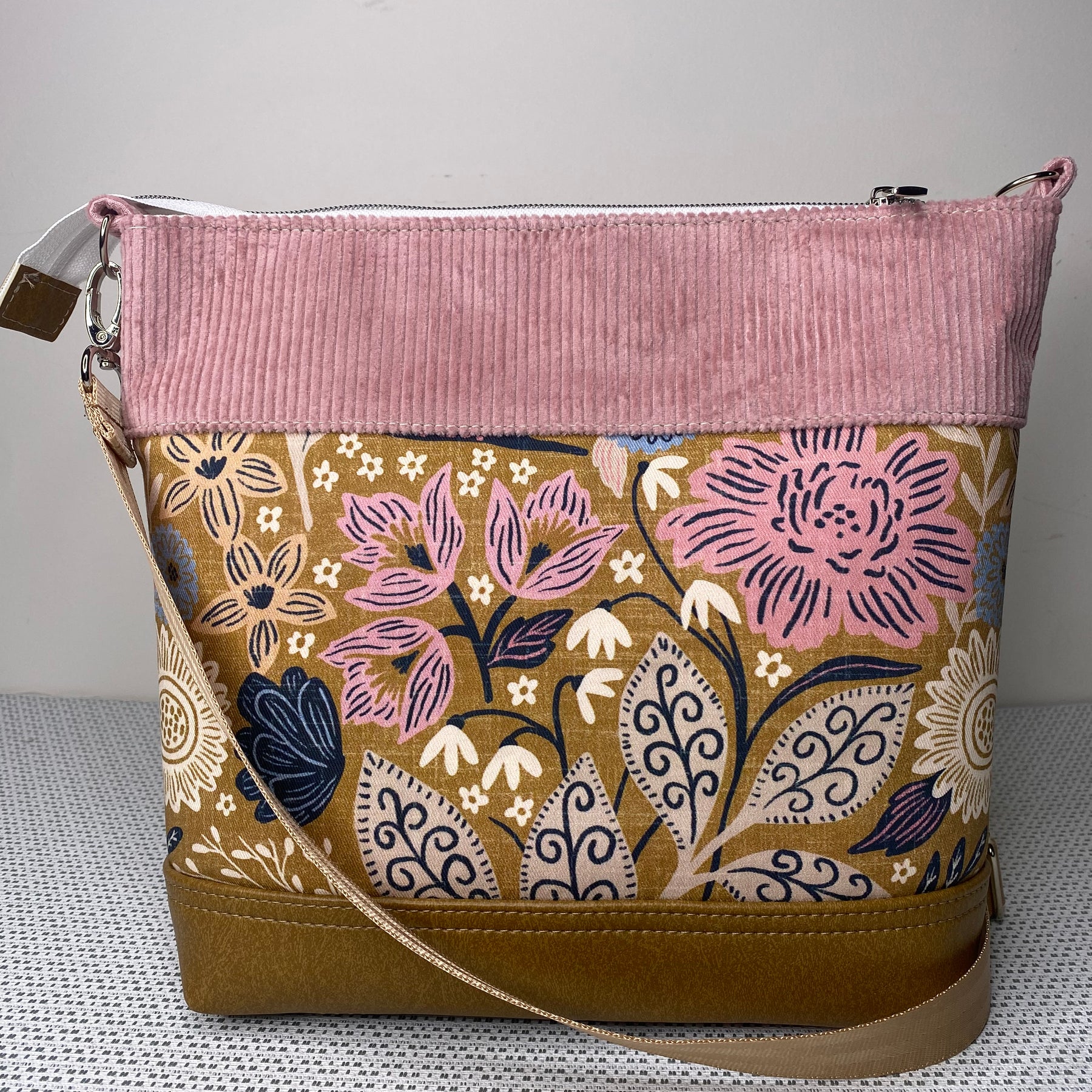 Lola Crossbody Bag - Pink Floral on Mustard/Pink Corduroy Fabric and Tan Faux Leather
