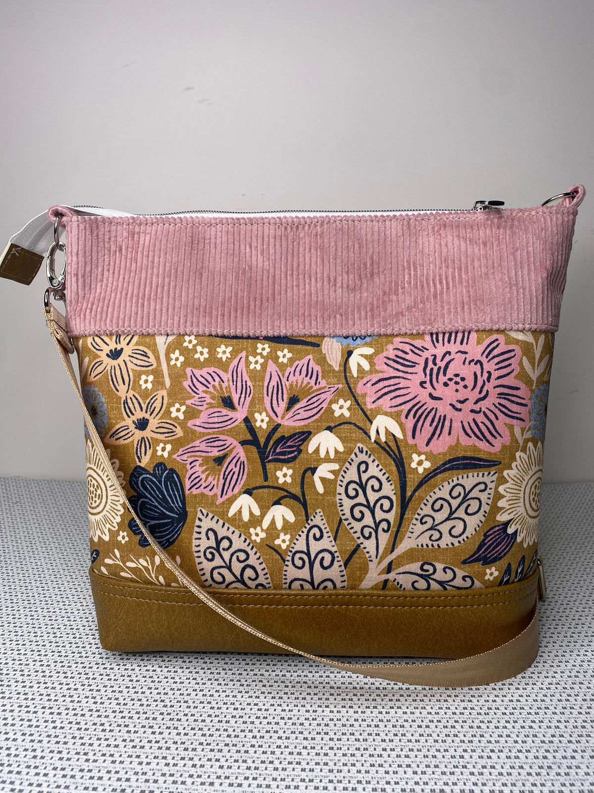 Lola Crossbody Bag - Pink Floral on Mustard/Pink Corduroy Fabric and Tan Faux Leather