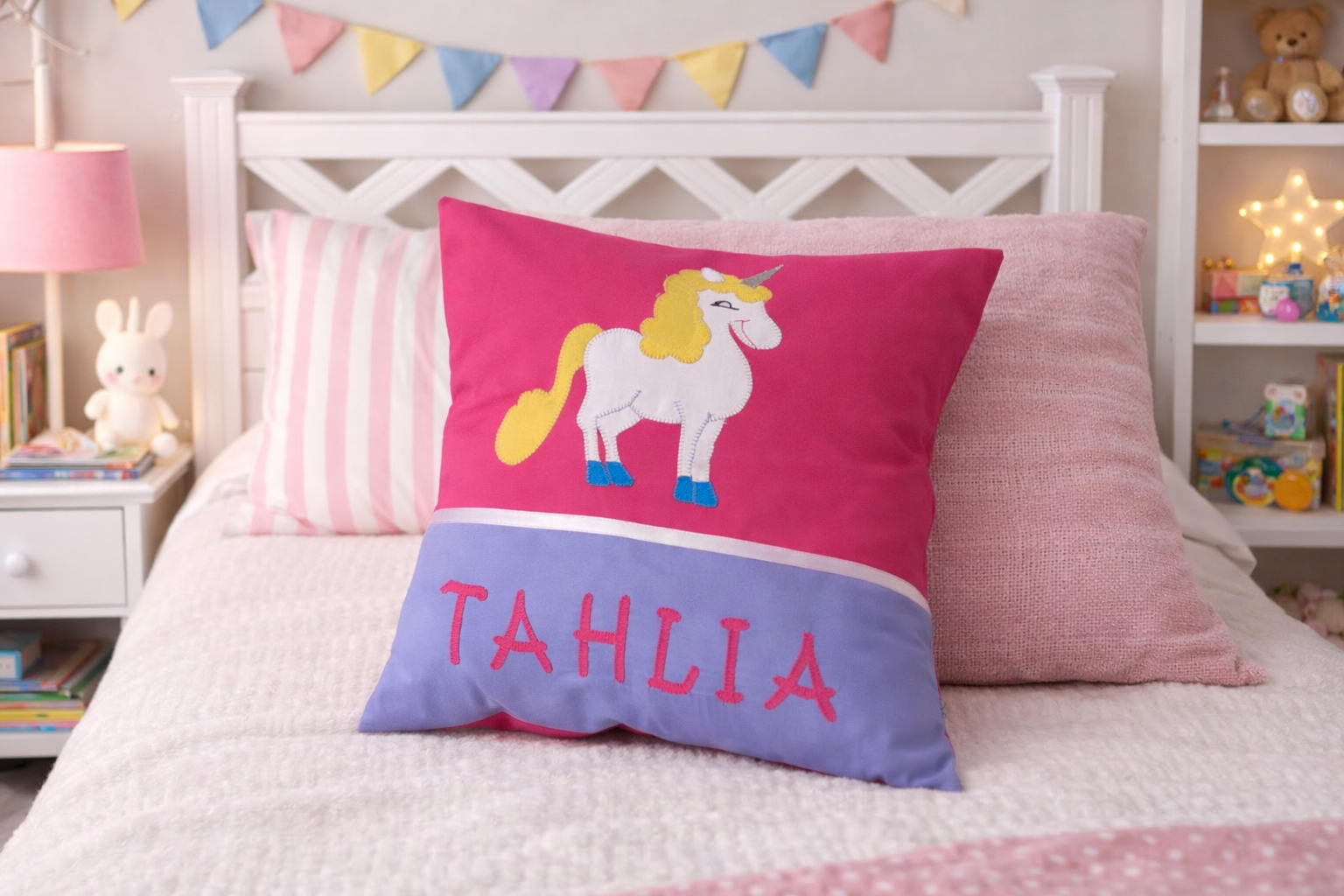 Personalised Kids Cushion | Custom Name Pillow | Handmade Applique Cushion | Nursery Decor - Unicorn