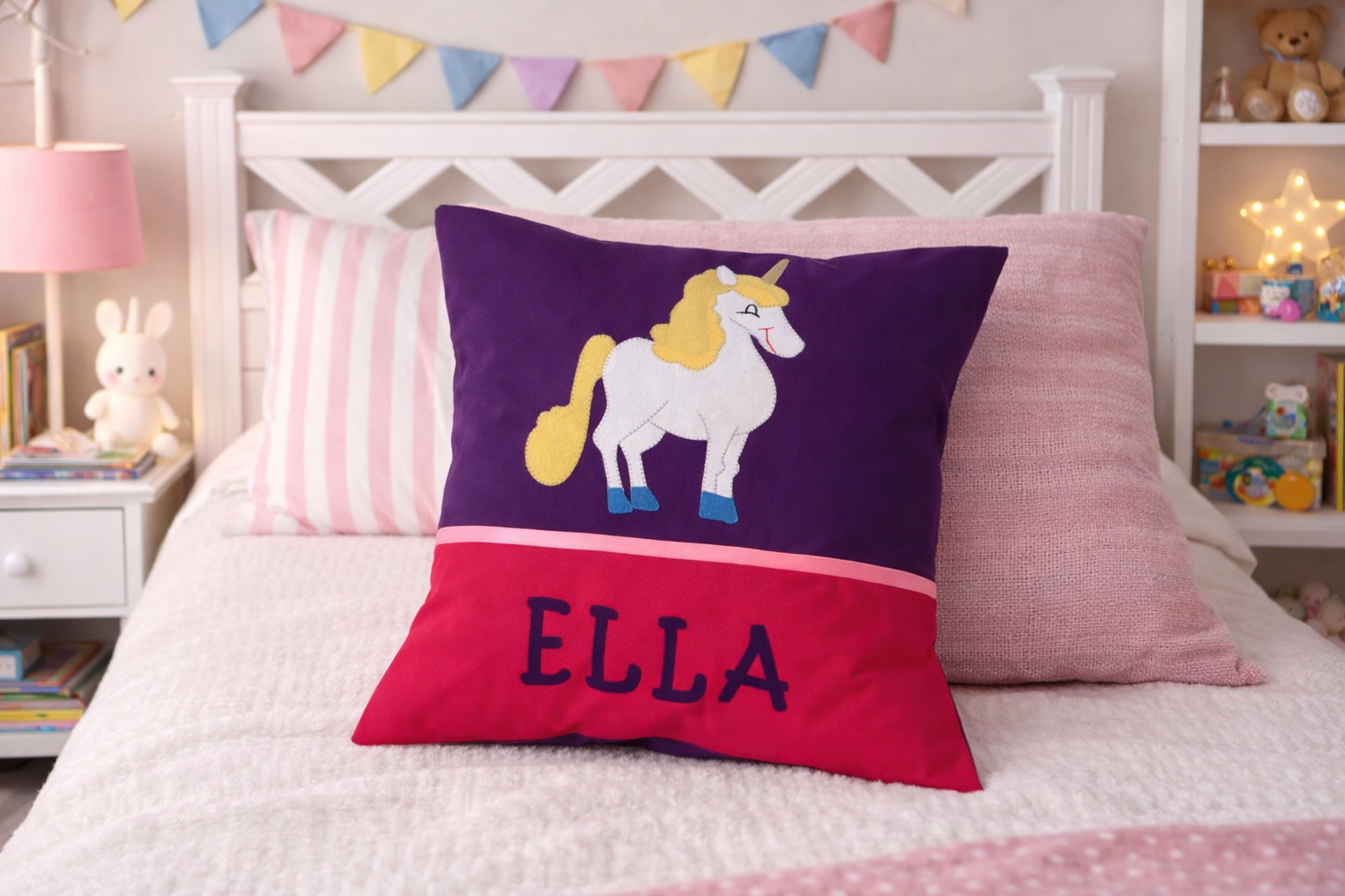 Personalised Kids Cushion | Custom Name Pillow | Handmade Applique Cushion | Nursery Decor - Unicorn