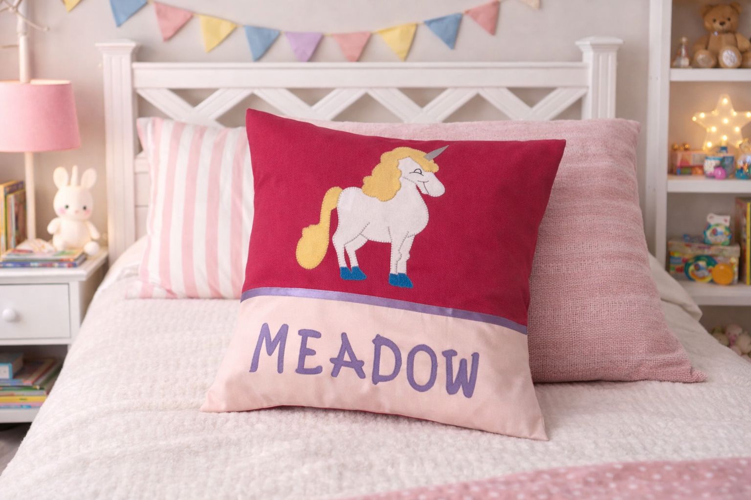 Personalised Kids Cushion | Custom Name Pillow | Handmade Applique Cushion | Nursery Decor - Unicorn