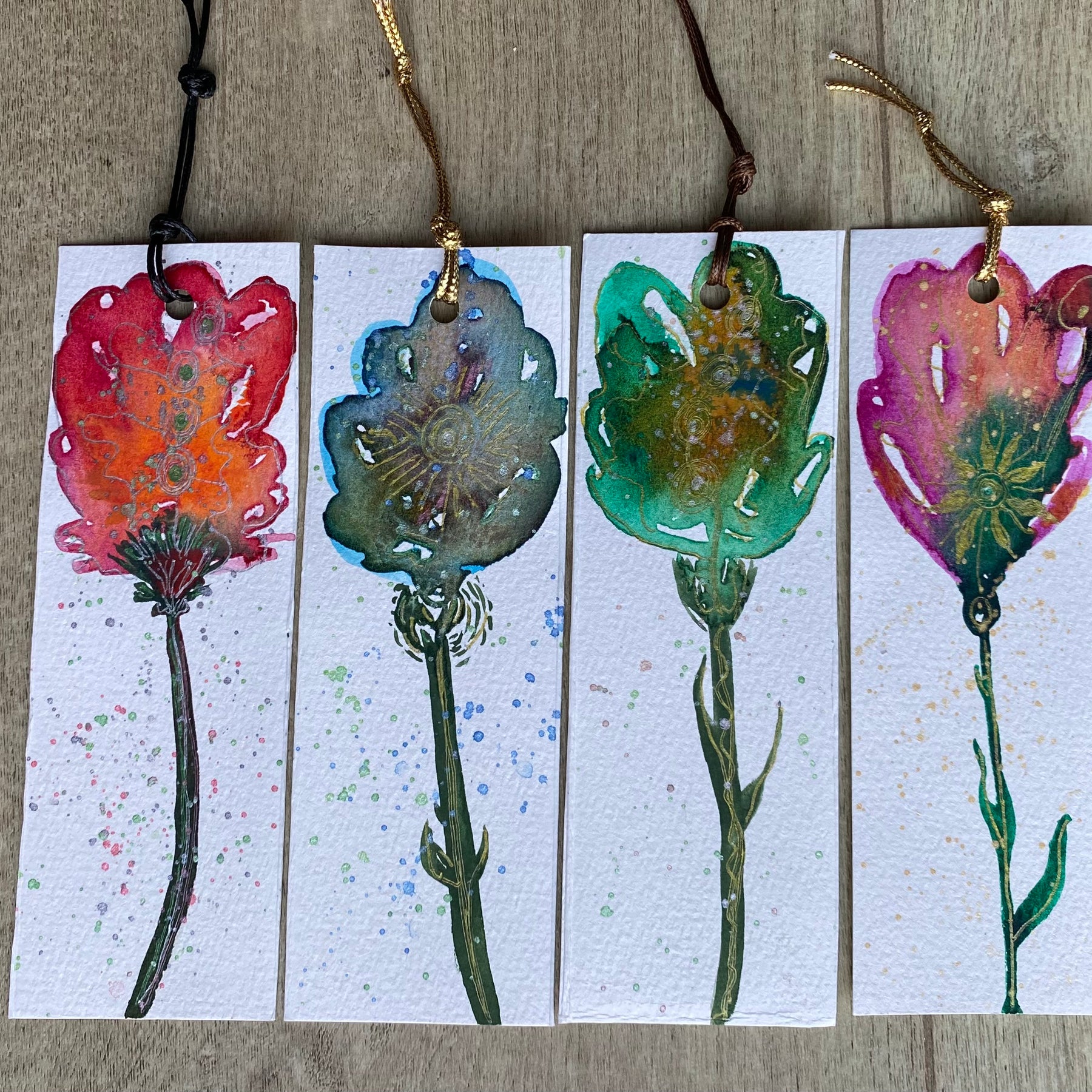 Four Unique Hand Painted Watercolour Bookmarks | Handmade Unique Bookmarks
