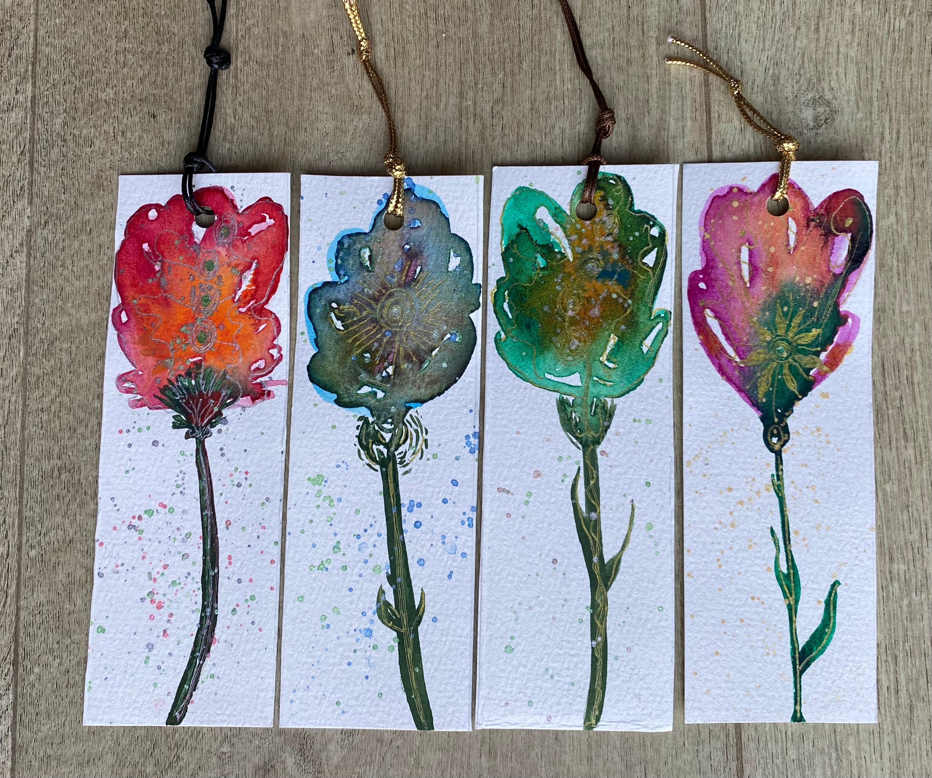 Four Unique Hand Painted Watercolour Bookmarks | Handmade Unique Bookmarks