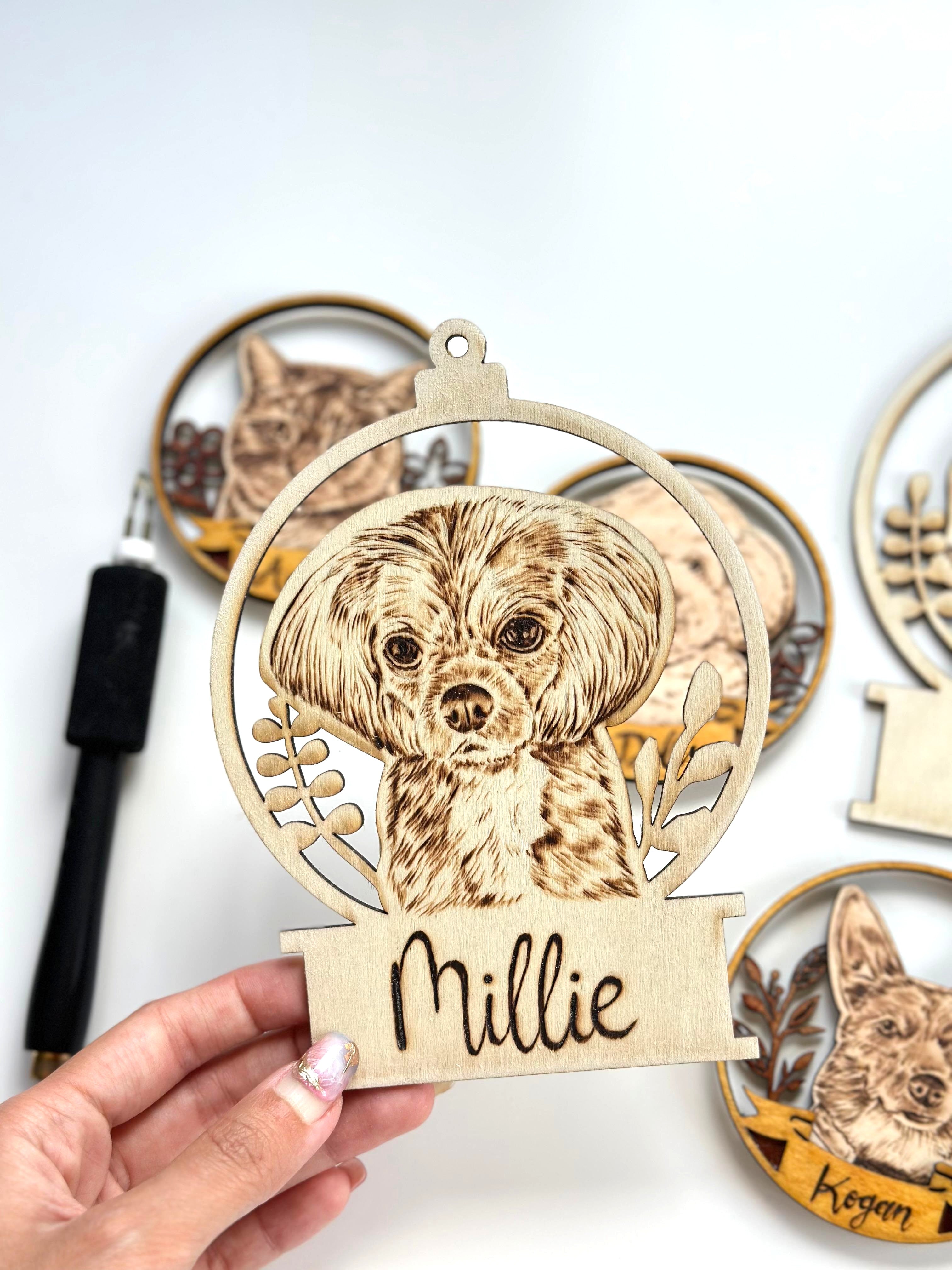 Custom Pet Portrait Christmas Ornament – Handmade Woodburned Decoration | Pet Memorial Gift | Personalized Dog & Cat Keepsake