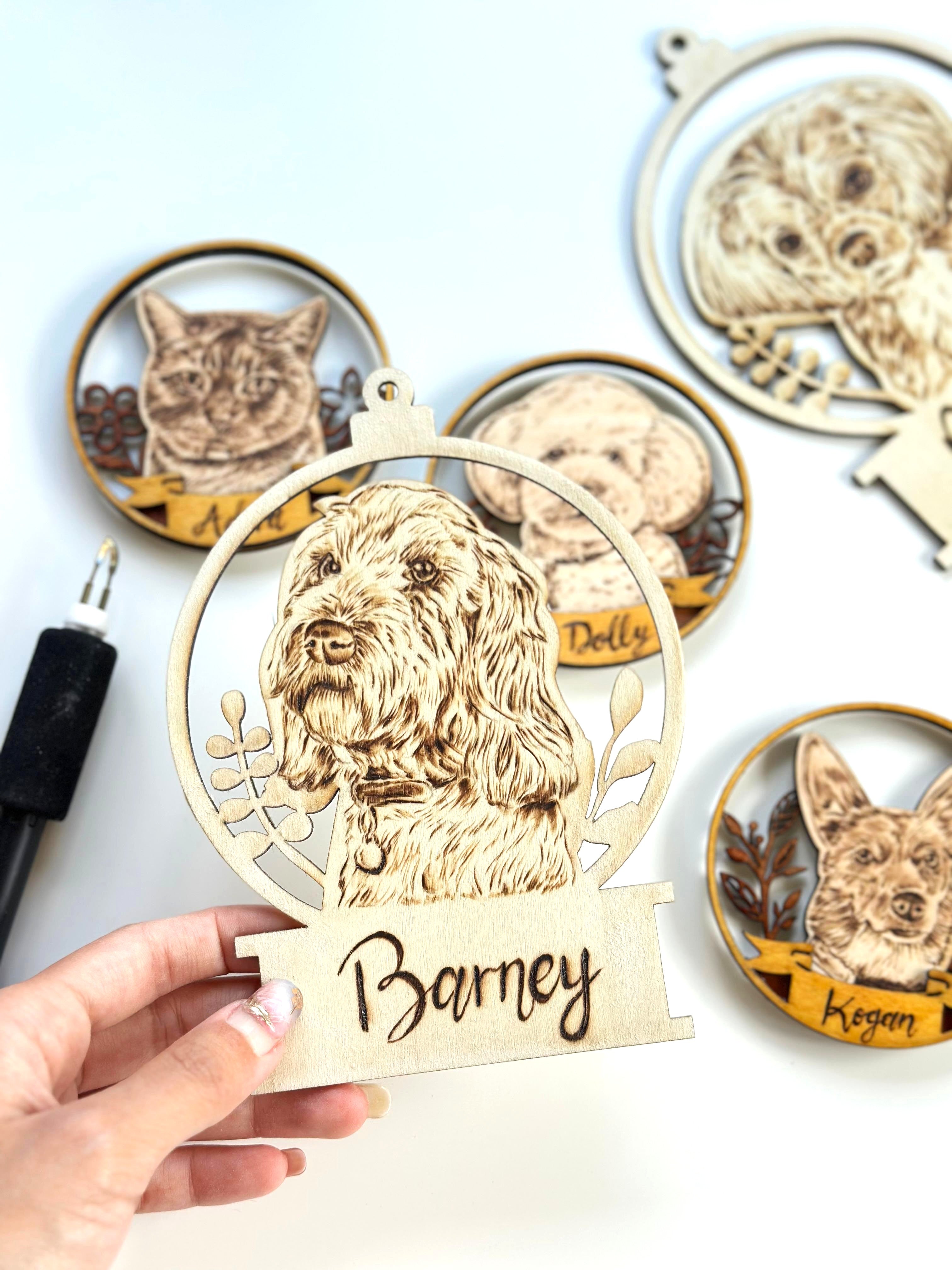 Custom Pet Portrait Christmas Ornament – Handmade Woodburned Decoration | Pet Memorial Gift | Personalized Dog & Cat Keepsake