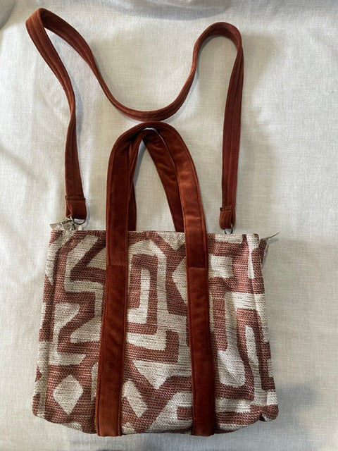 Terracotta Geometric Tote with Velvet Handles