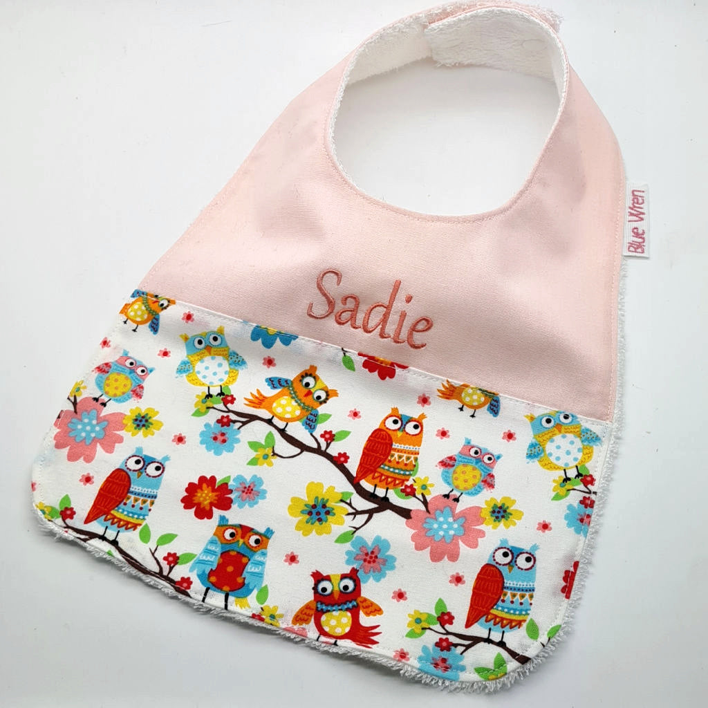 Personalised Baby Bib Gift Owl Fabric