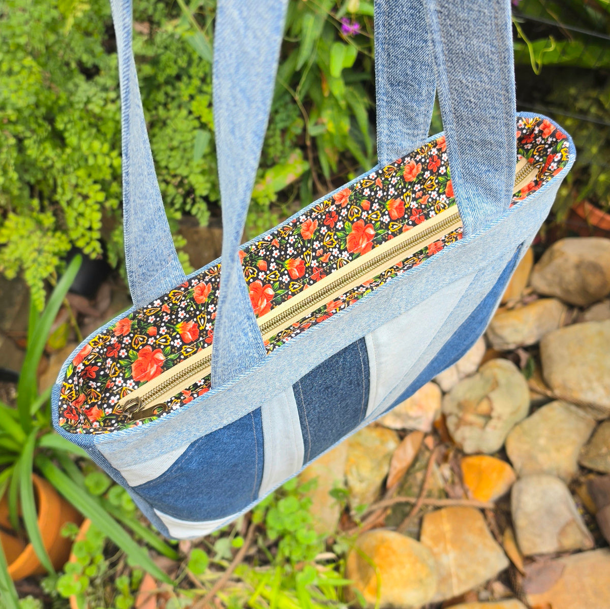 Upcycled Handbag- Scrap Denim Jeans & Pre-loved Fabrics