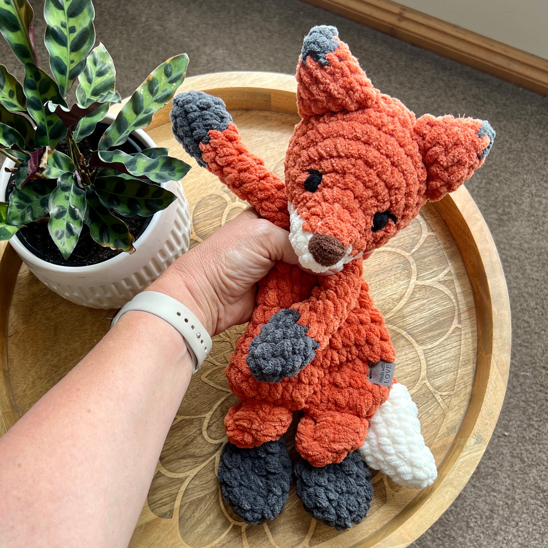 Handmade modern crochet toy Fox lovey snuggler plushie.