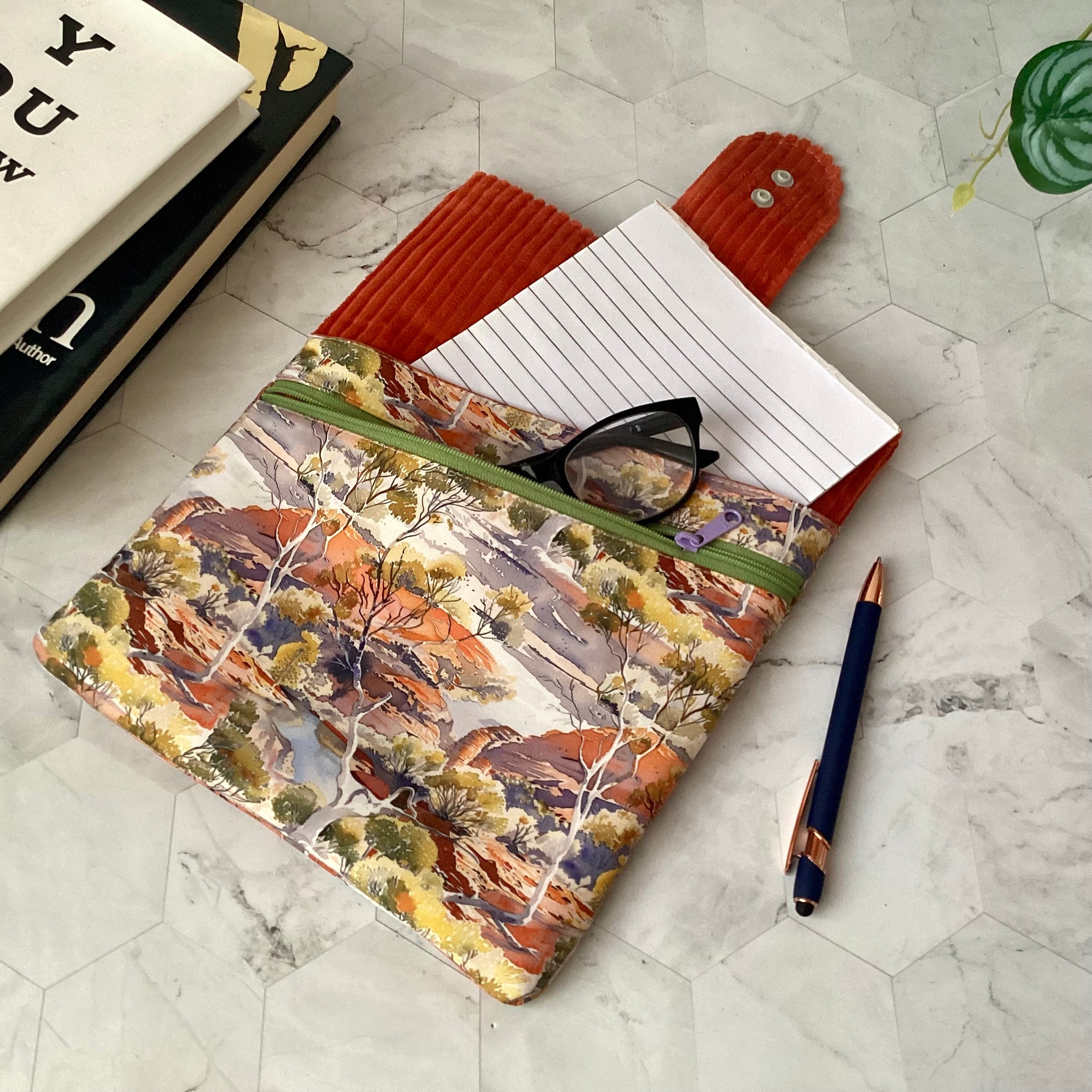 Australian Outback Scene fabric book sleeve with 2 pockets. iPad, tablet pouch