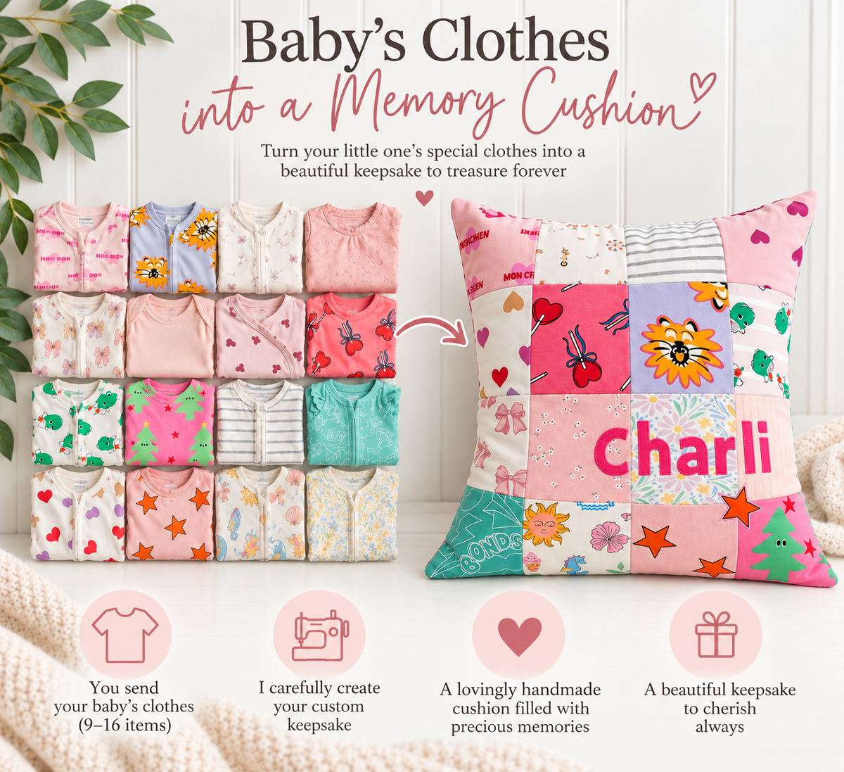 Personalised Memory Cushion – Keepsake Pillow Made from Your Baby's Outgrown Clothes