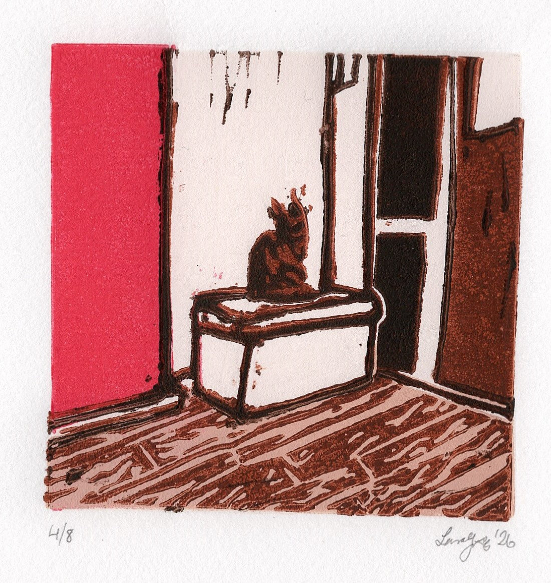 Corner cat - A6 original reuction lino print