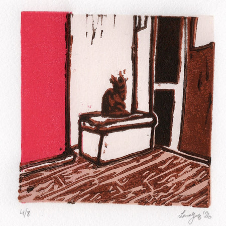Corner cat - A6 original reuction lino print