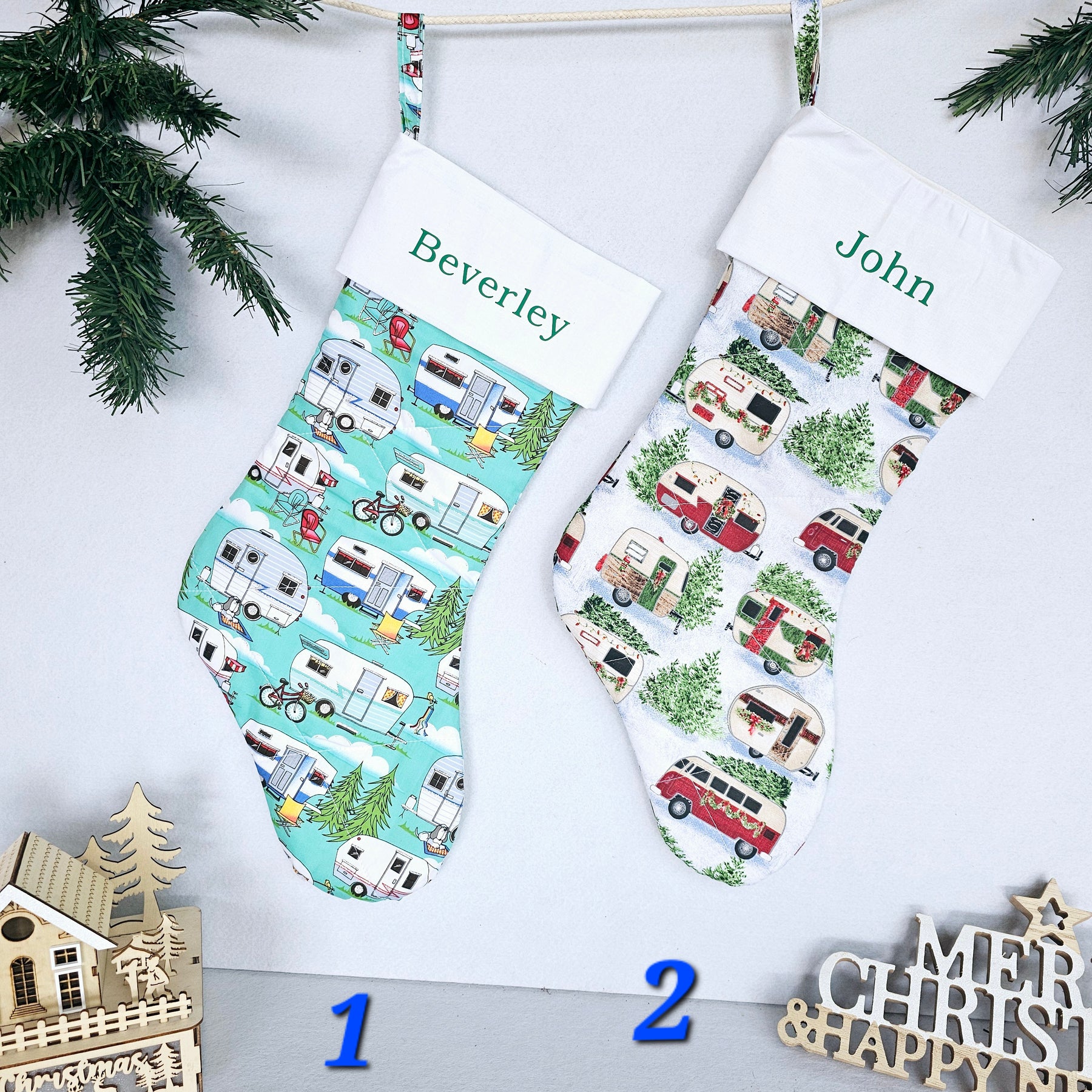 Personalized Quilted Christmas Stocking 60 cm long featuring Camper Vans, Camping and Outdoor Living