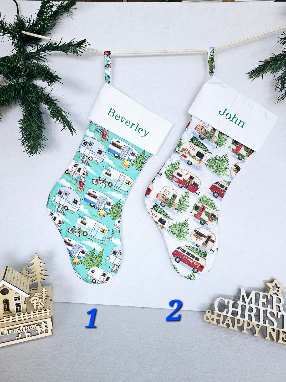 Personalized Quilted Christmas Stocking 60 cm long featuring Camper Vans, Camping and Outdoor Living