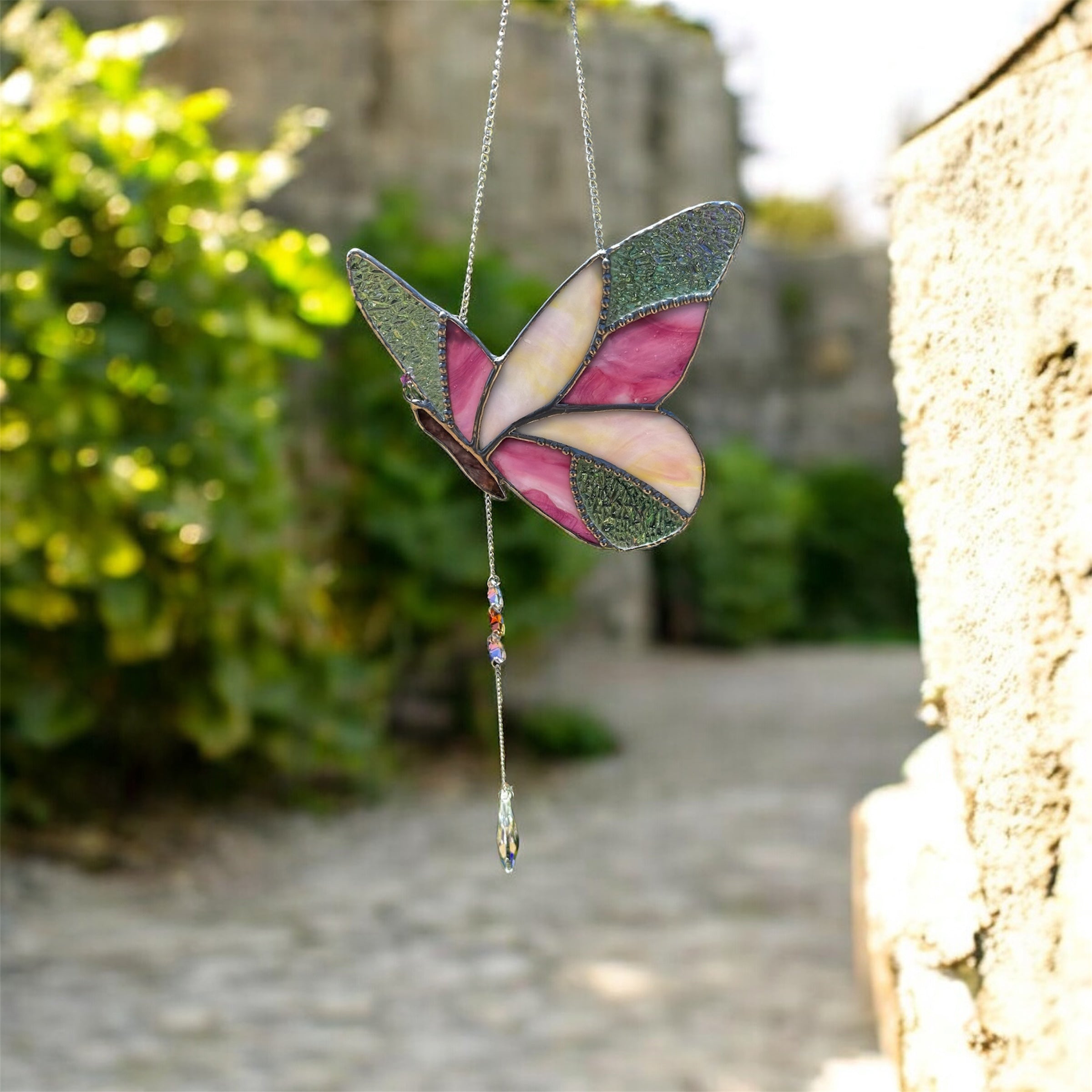Shades of pink, glass butterfly suncatcher