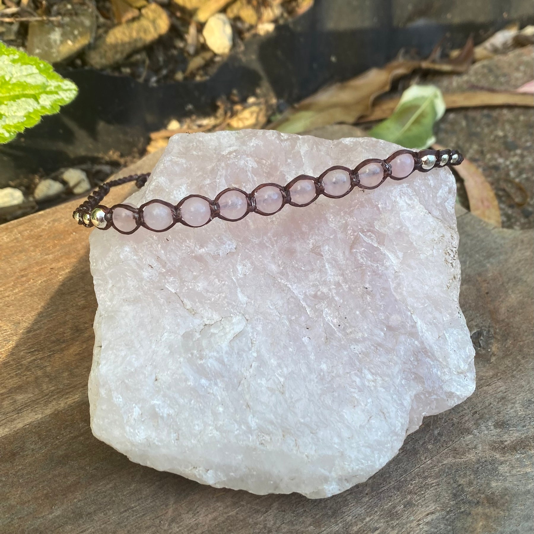 Rose Quartz Beaded Anklet: Macrame Adjustable Waterproof