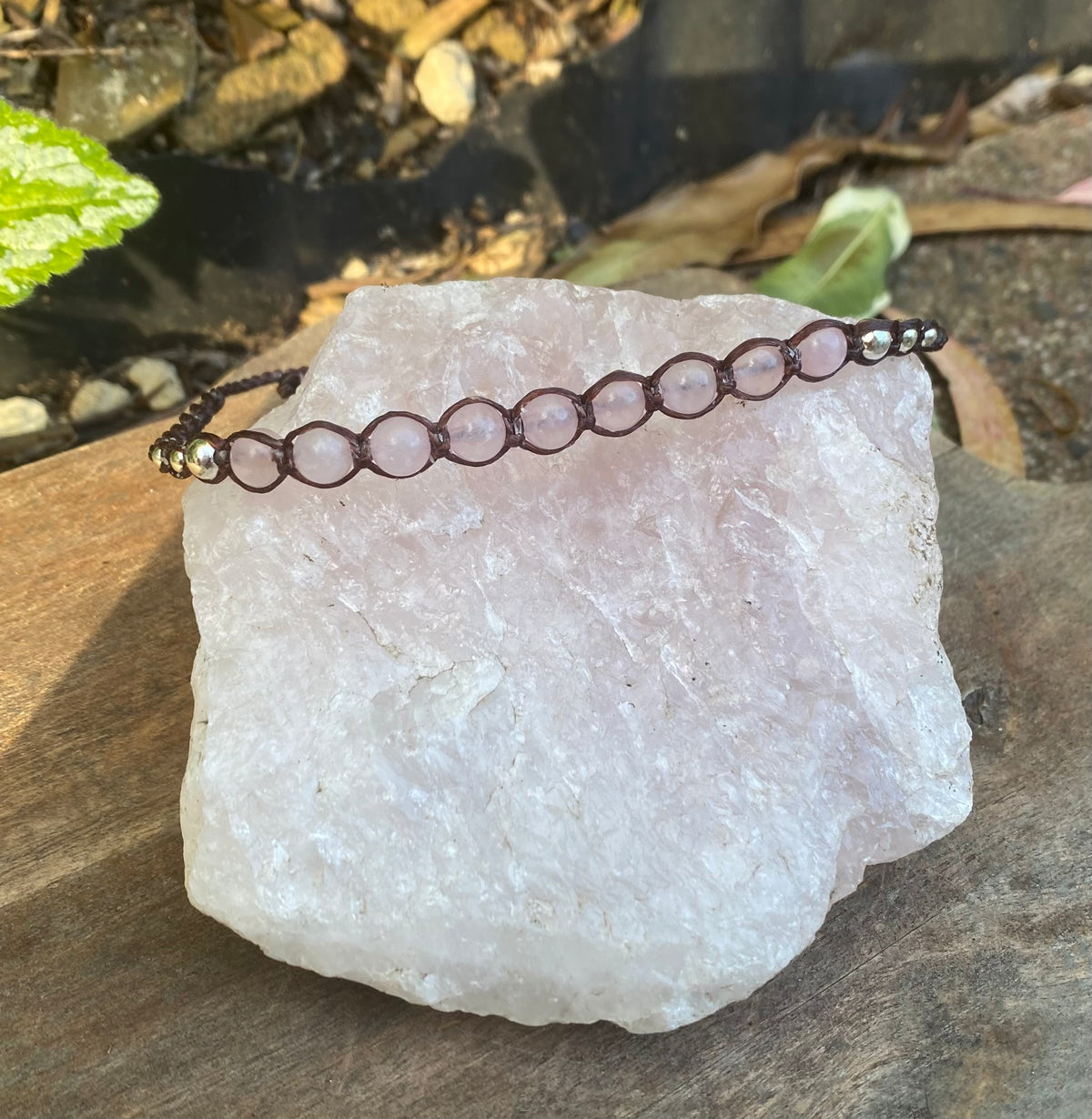 Rose Quartz Beaded Anklet: Macrame Adjustable Waterproof
