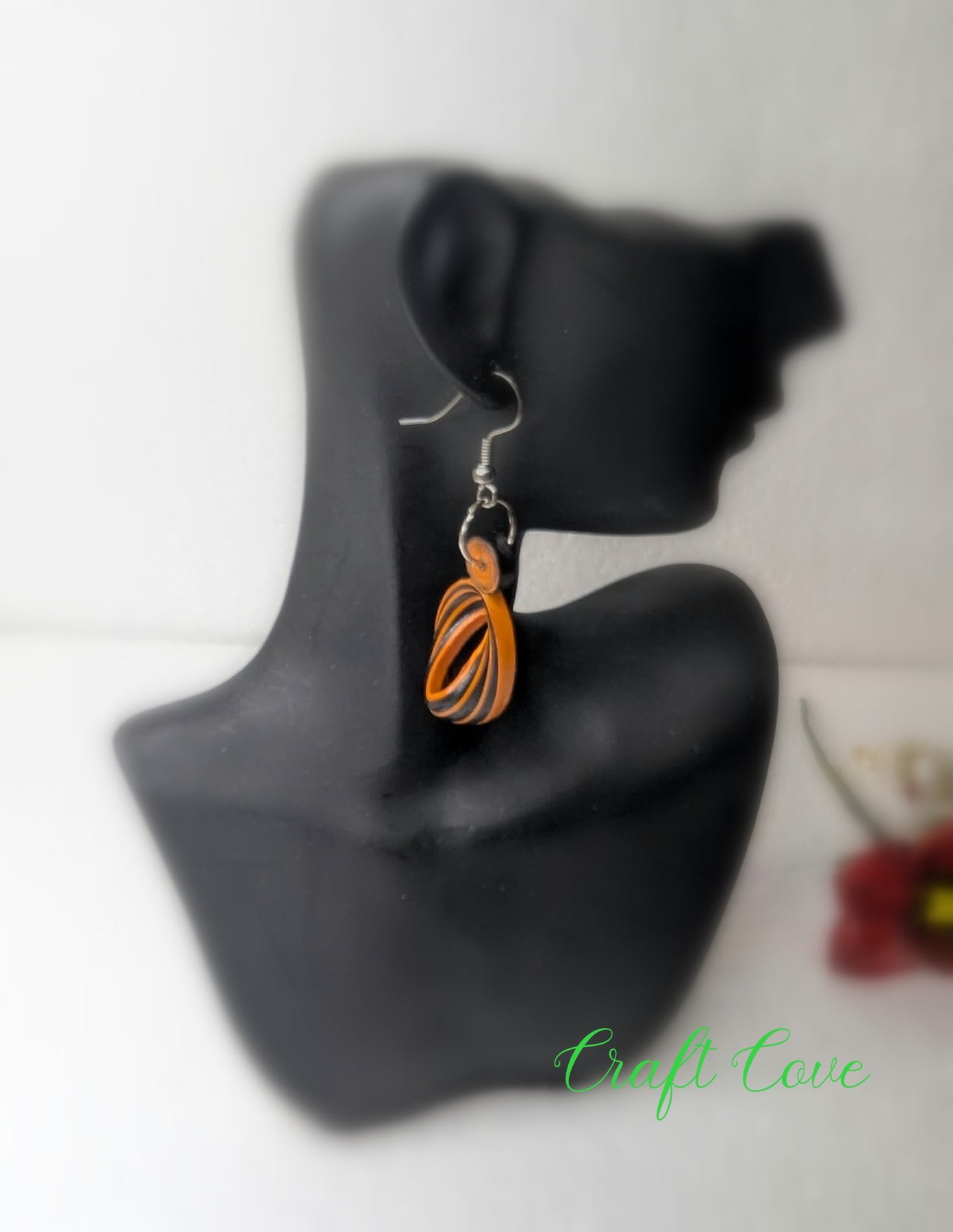 Earrings Quilled Orange and Black Tiger Skewed