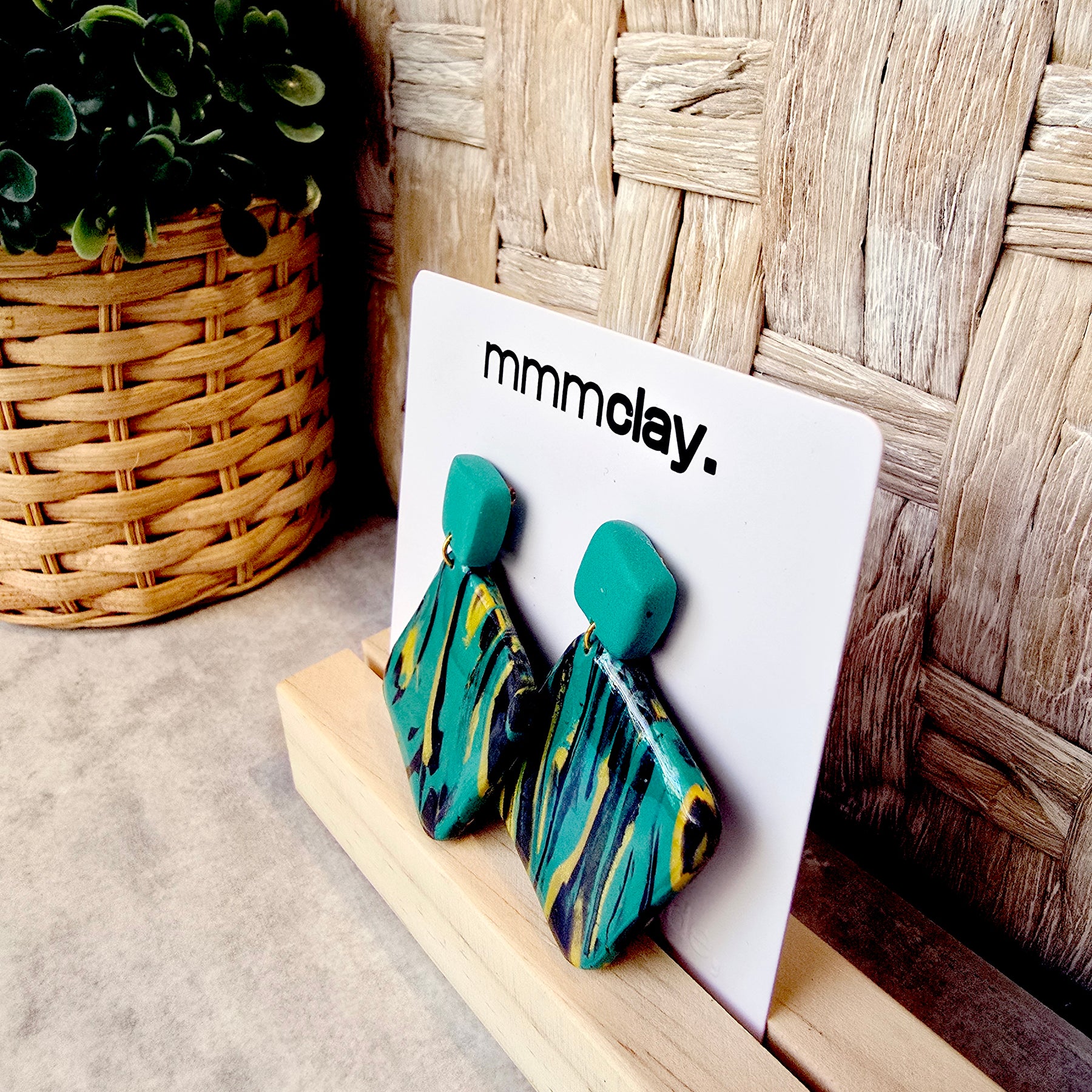 Teal Mustard Black Geometric Polymer Clay Dangle Earrings